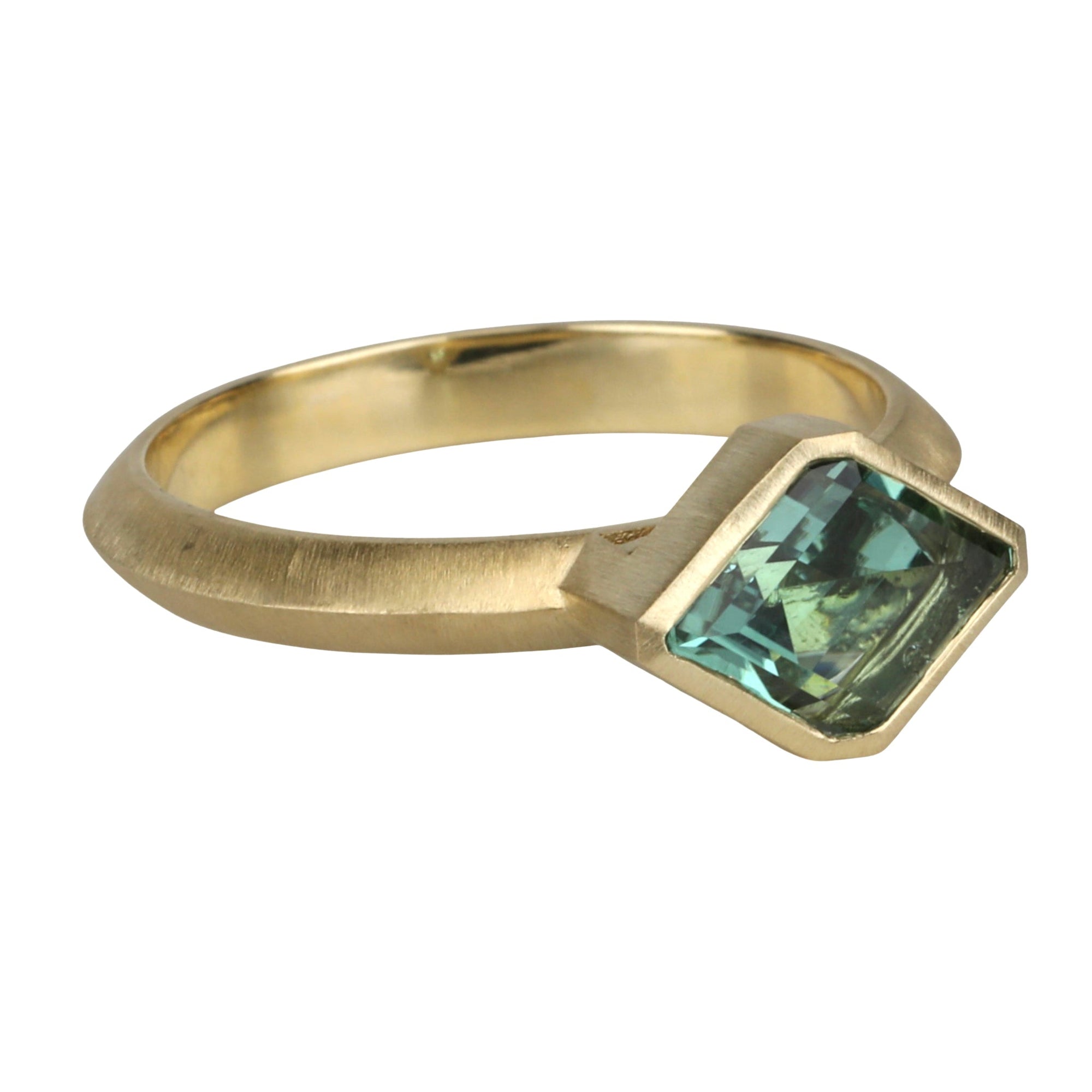 18K Gold Bezel - Set Marquise Blue - Green Tourmaline &quot;Rock&quot; Ring on Knife Edge Band - Peridot Fine Jewelry - Ali Dumont