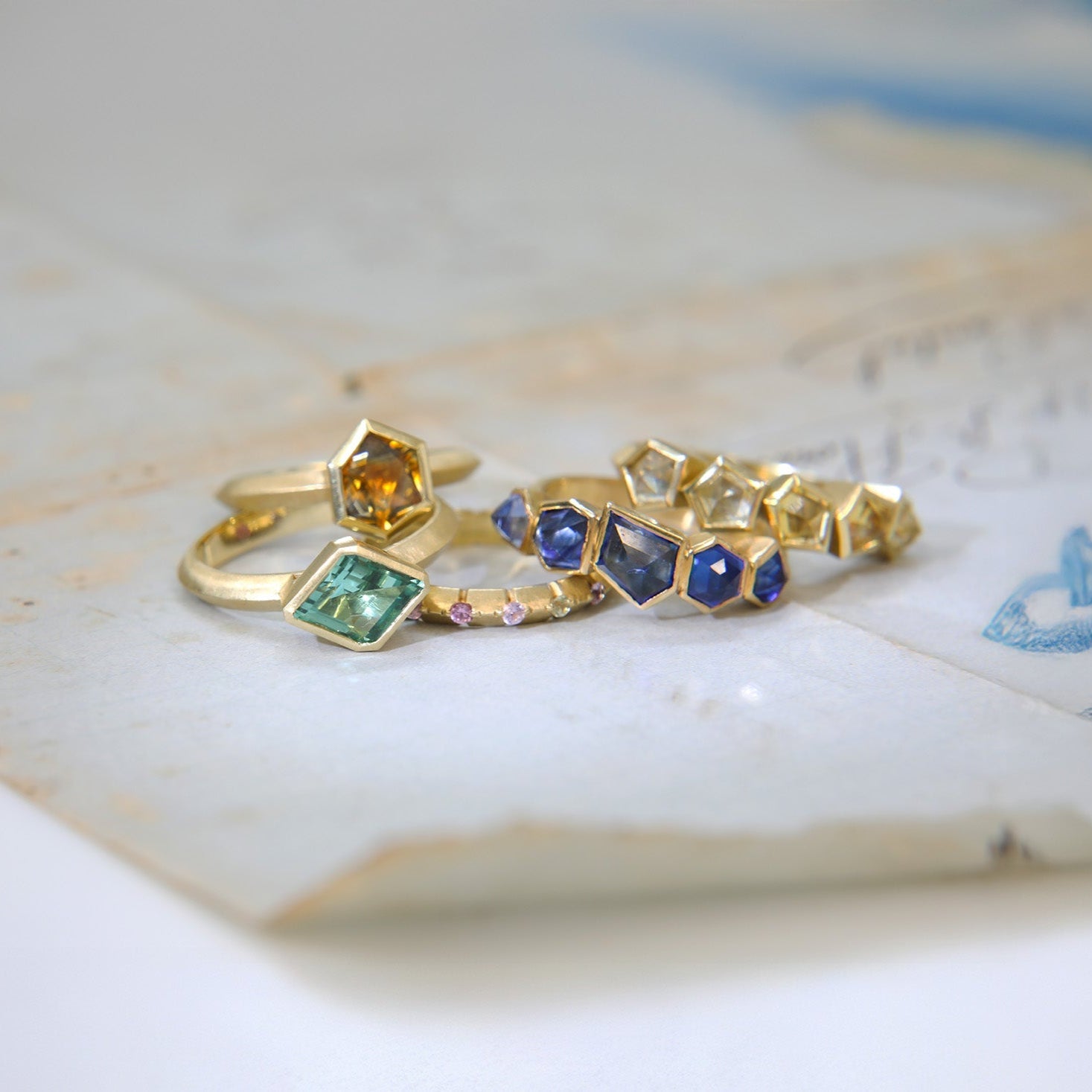 18K Gold Bezel - Set Marquise Blue - Green Tourmaline &quot;Rock&quot; Ring on Knife Edge Band - Peridot Fine Jewelry - Ali Dumont