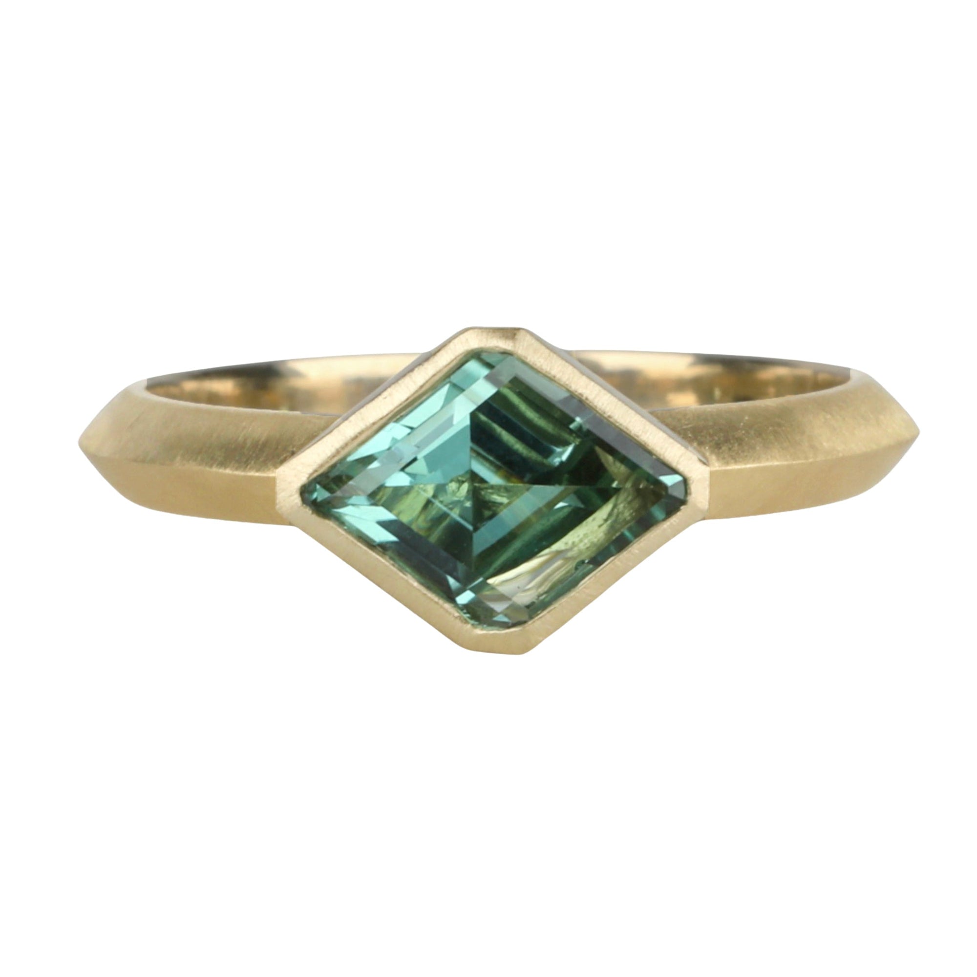 18K Gold Bezel - Set Marquise Blue - Green Tourmaline &quot;Rock&quot; Ring on Knife Edge Band - Peridot Fine Jewelry - Ali Dumont