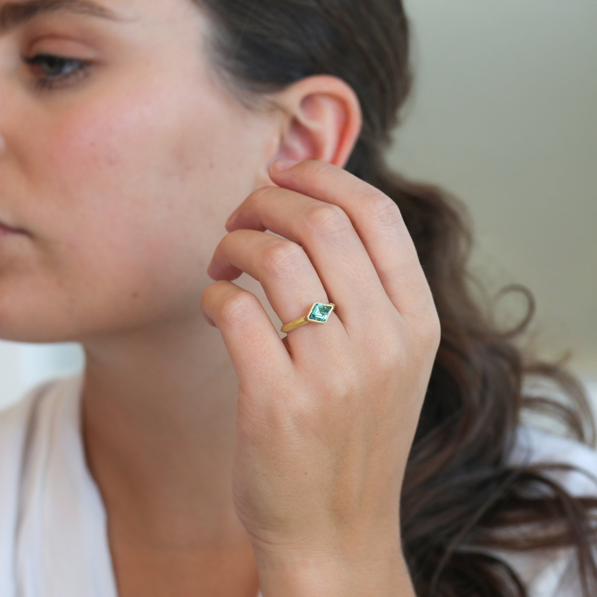 18K Gold Bezel - Set Marquise Blue - Green Tourmaline &quot;Rock&quot; Ring on Knife Edge Band - Peridot Fine Jewelry - Ali Dumont