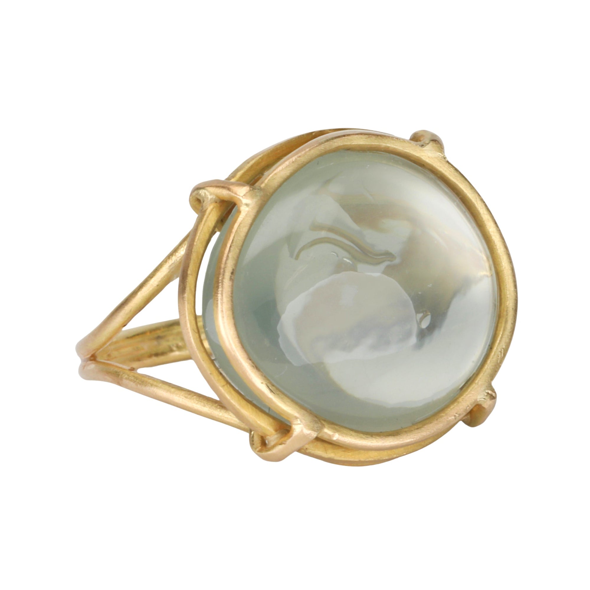 18K Gold Cage - Set Cabochon Sage Moonstone Ring - Peridot Fine Jewelry - Rosanne Pugliese