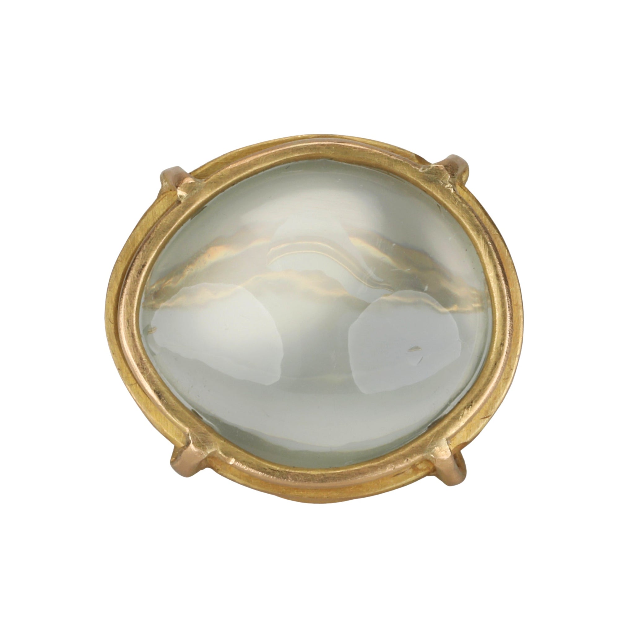 18K Gold Cage - Set Cabochon Sage Moonstone Ring - Peridot Fine Jewelry - Rosanne Pugliese