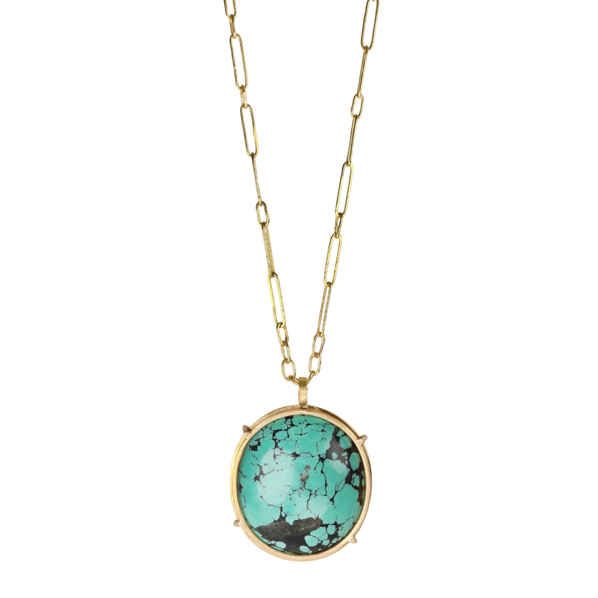 18K Gold &quot;Cage-Set&quot; Oval Turquoise Pendant - Peridot Fine Jewelry - Rosanne Pugliese