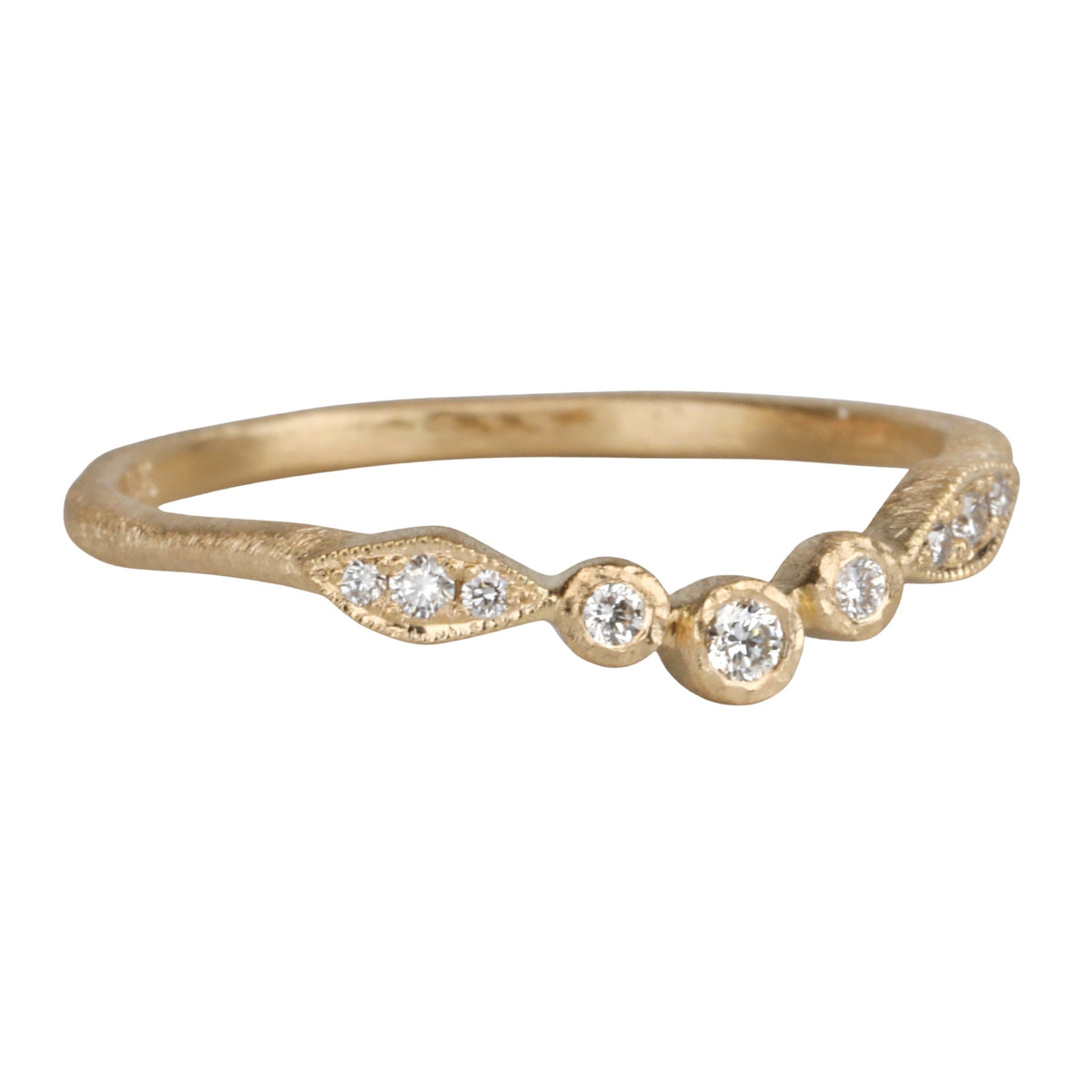 18K Gold Curved "Leaf" Ring with Bezel - Set Round &amp; Marquise Diamonds - Peridot Fine Jewelry - Yasuko Azuma