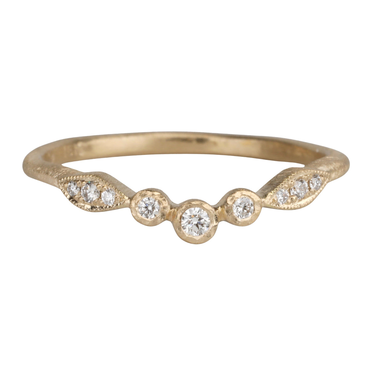 18K Gold Curved "Leaf" Ring with Bezel - Set Round &amp; Marquise Diamonds - Peridot Fine Jewelry - Yasuko Azuma