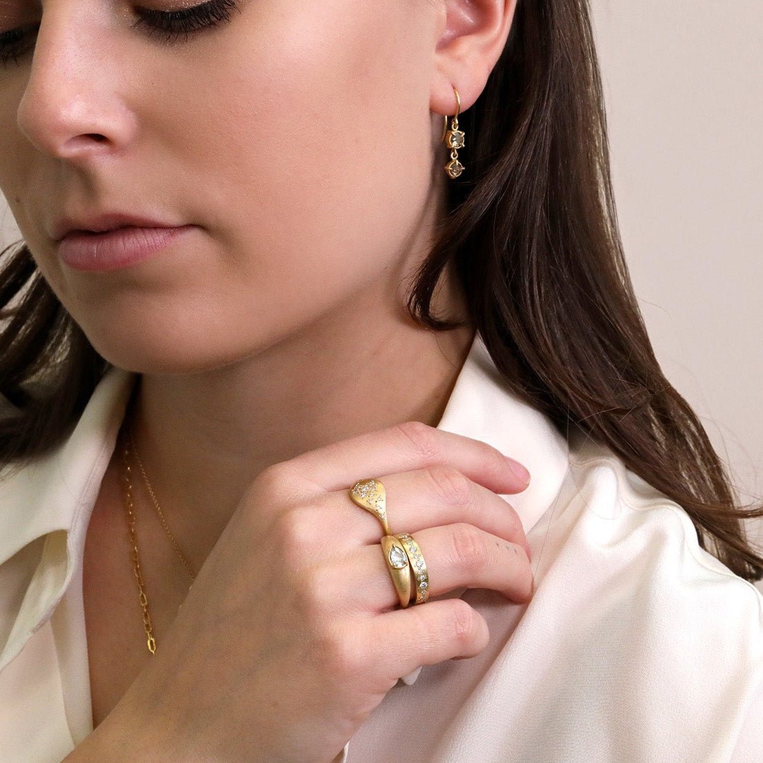 18K Gold Double Drop Earrings with Rosecut Champagne Diamonds - Peridot Fine Jewelry - Annie Fensterstock
