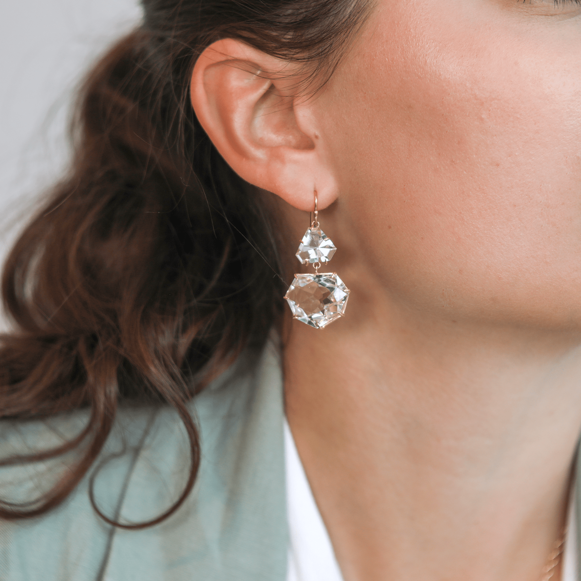 18K Gold Double Drop Faceted Geometric White Topaz &quot;Party&quot; Earrings - Peridot Fine Jewelry - Rosanne Pugliese