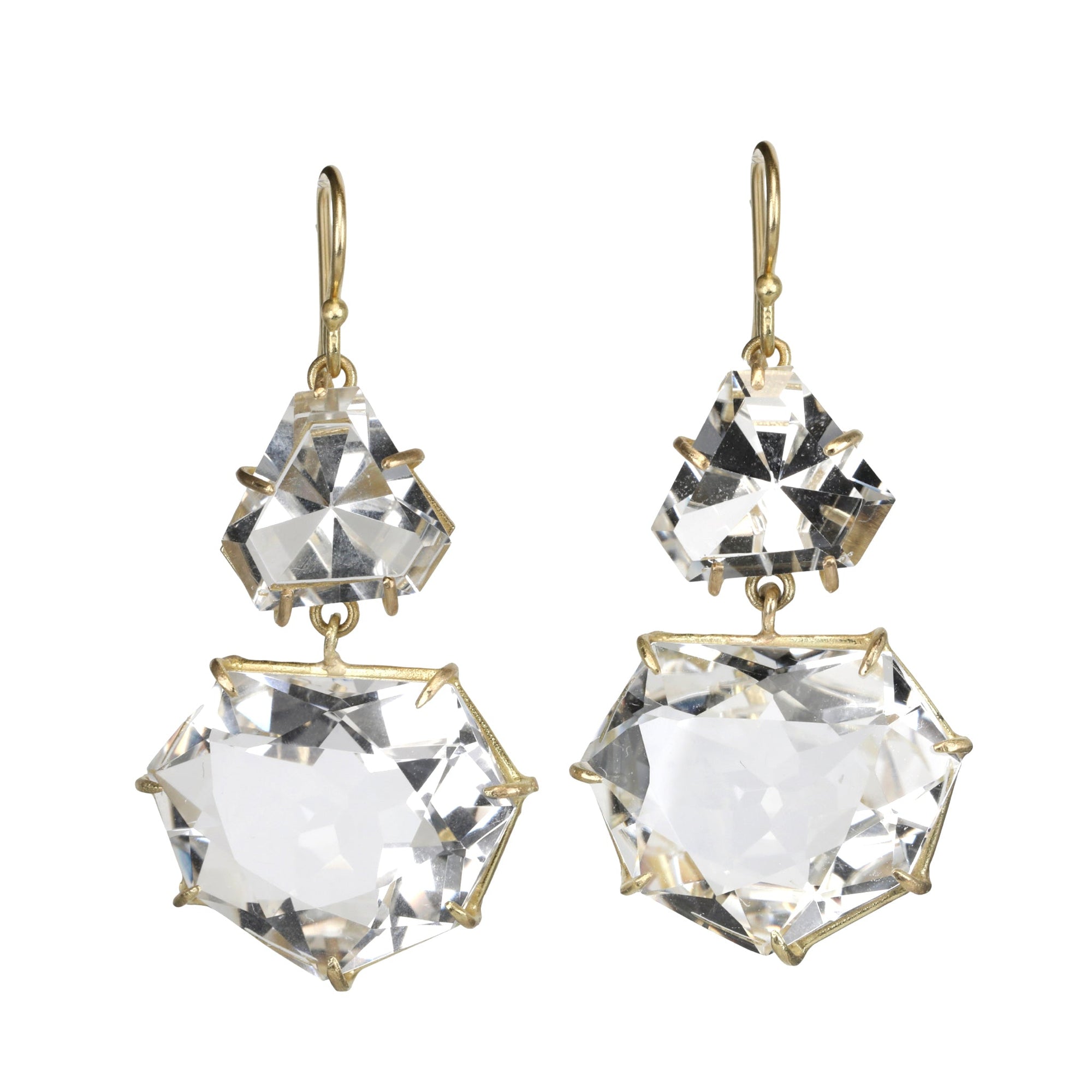 18K Gold Double Drop Faceted Geometric White Topaz &quot;Party&quot; Earrings - Peridot Fine Jewelry - Rosanne Pugliese