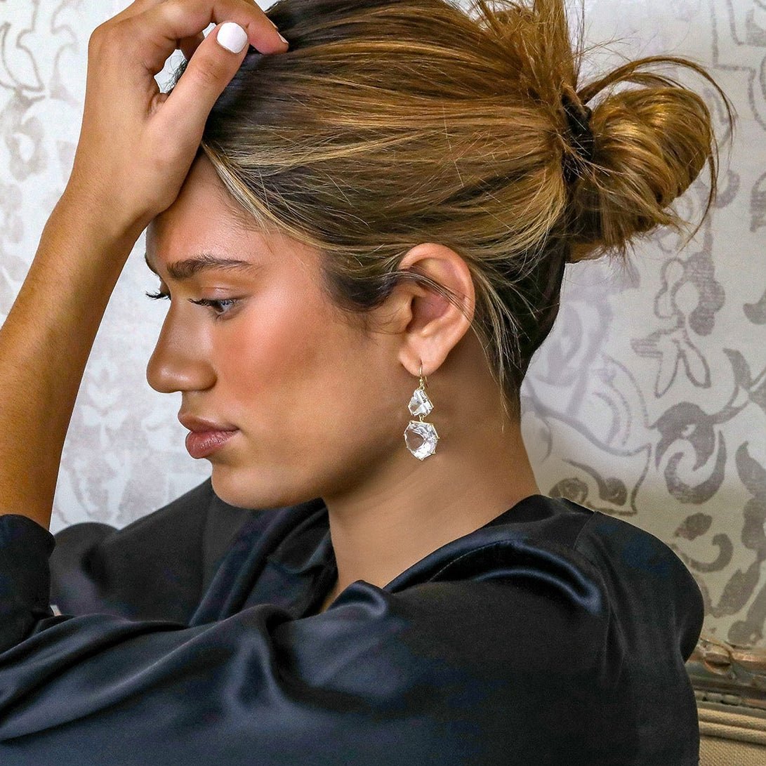 18K Gold Double Drop Faceted Geometric White Topaz "Party" Earrings - Peridot Fine Jewelry - Rosanne Pugliese