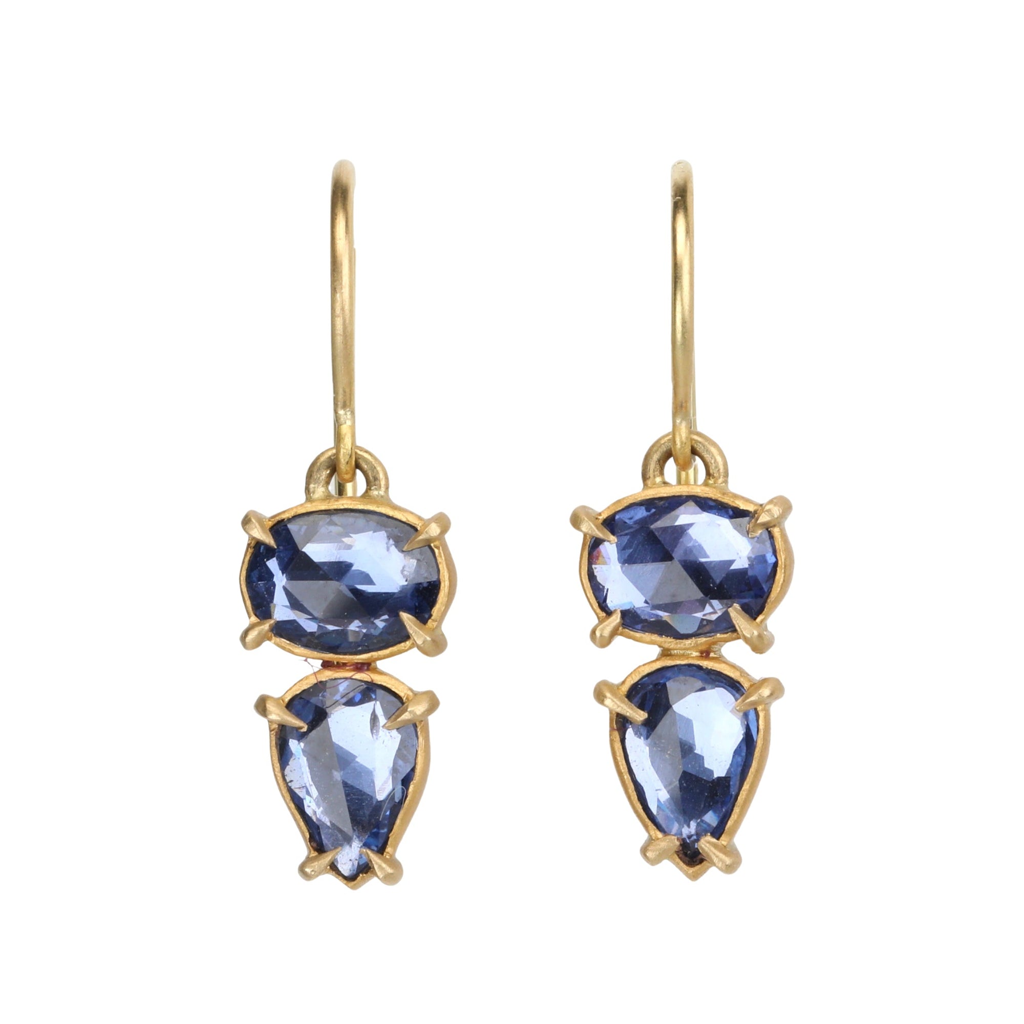 18K Gold Double Drop Rosecut Blue Sapphire Earrings - Peridot Fine Jewelry - Annie Fensterstock