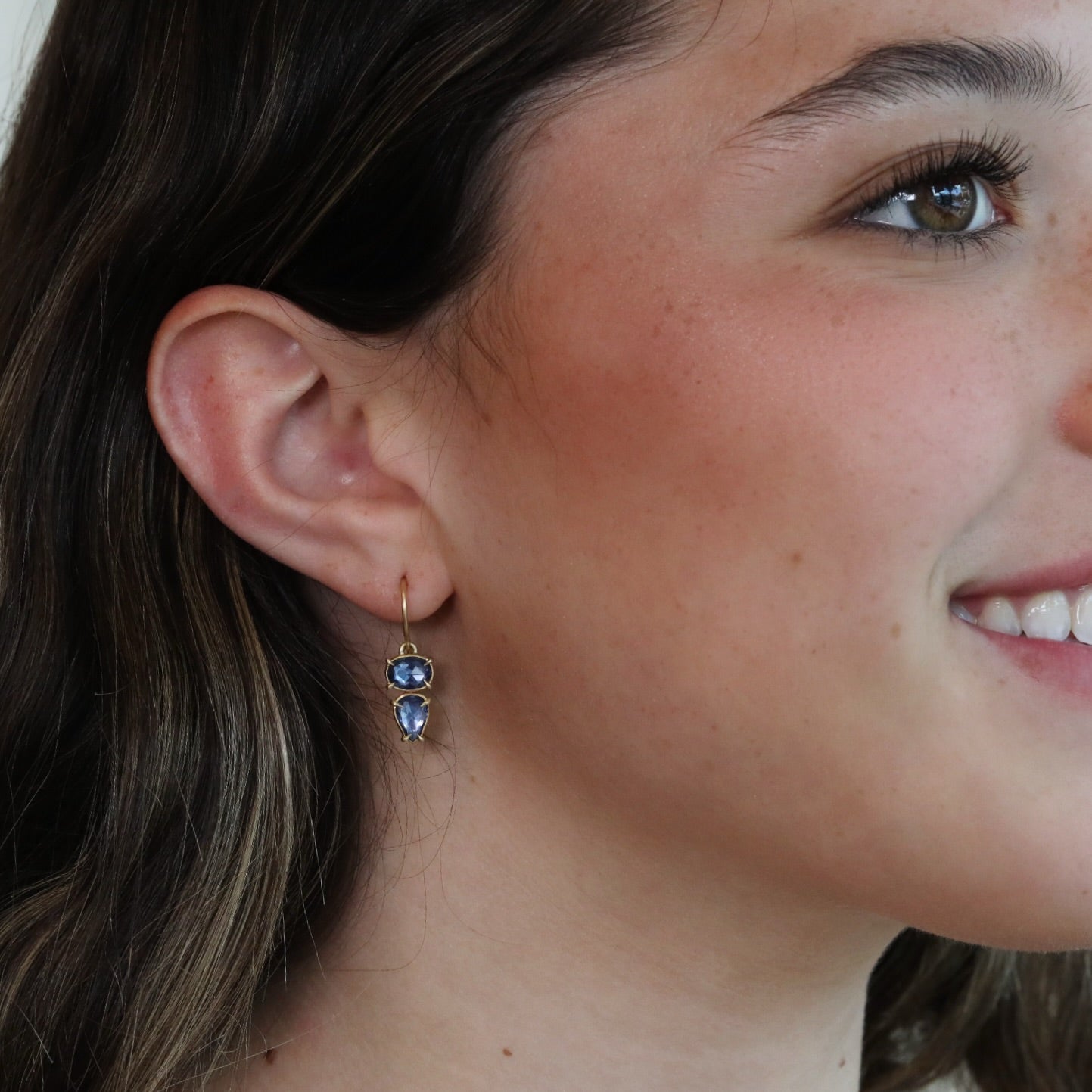 18K Gold Double Drop Rosecut Blue Sapphire Earrings - Peridot Fine Jewelry - Annie Fensterstock