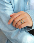 18K Gold East - West Emerald - Cut Blue Sapphire with Diamond Shoulder Details - Peridot Fine Jewelry - Yasuko Azuma