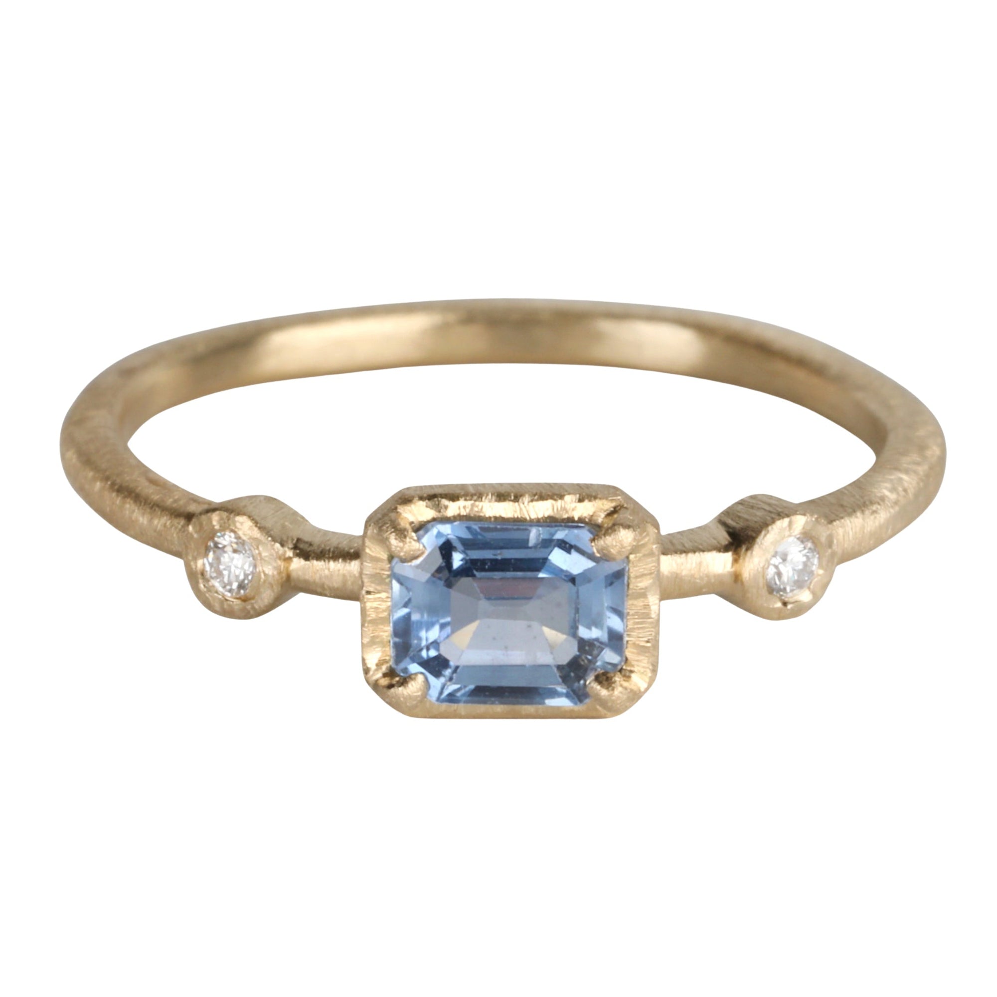 18K Gold East - West Emerald - Cut Blue Sapphire with Diamond Shoulder Details - Peridot Fine Jewelry - Yasuko Azuma