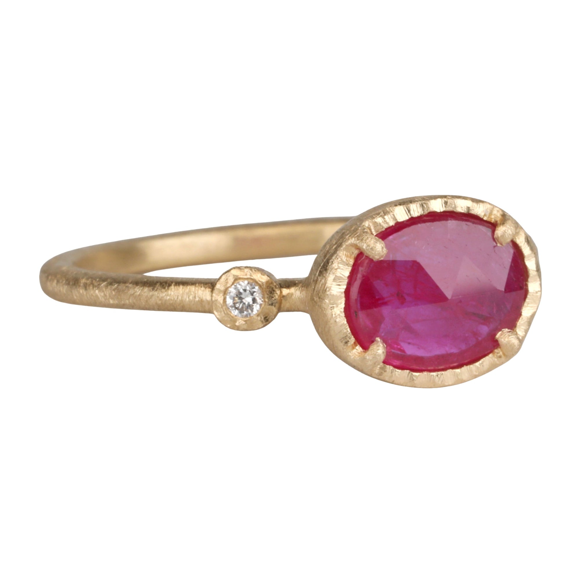 18K Gold East - West Oval Rose Cut Ruby Ring with Diamond Shoulder Details - Peridot Fine Jewelry - Yasuko Azuma