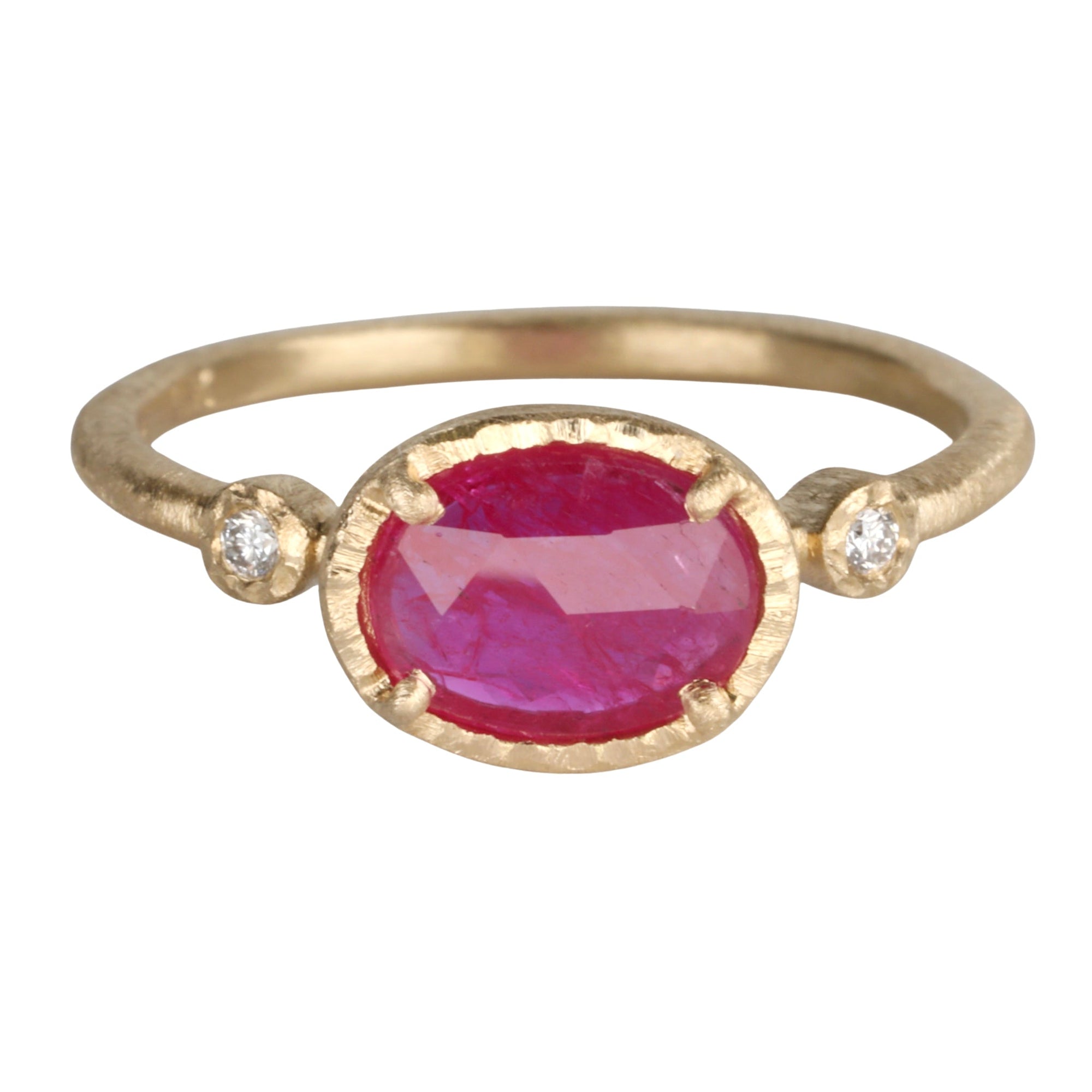 18K Gold East - West Oval Rose Cut Ruby Ring with Diamond Shoulder Details - Peridot Fine Jewelry - Yasuko Azuma
