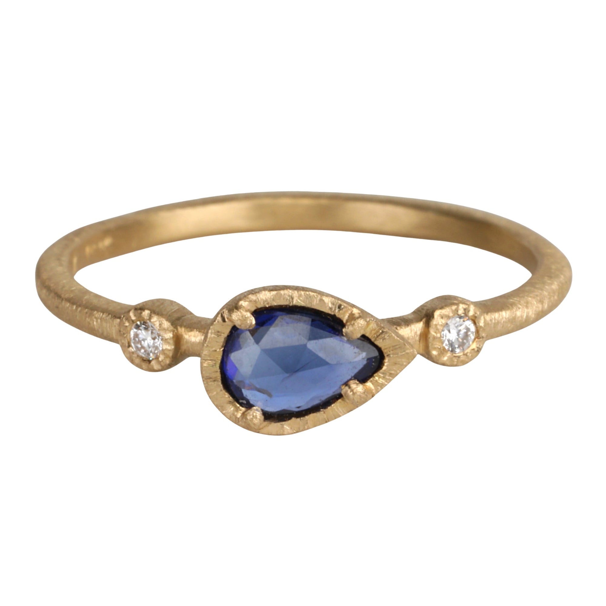 18K Gold East - West Pear - Shaped Sapphire Ring with Diamond Shoulder Details - Peridot Fine Jewelry - Yasuko Azuma