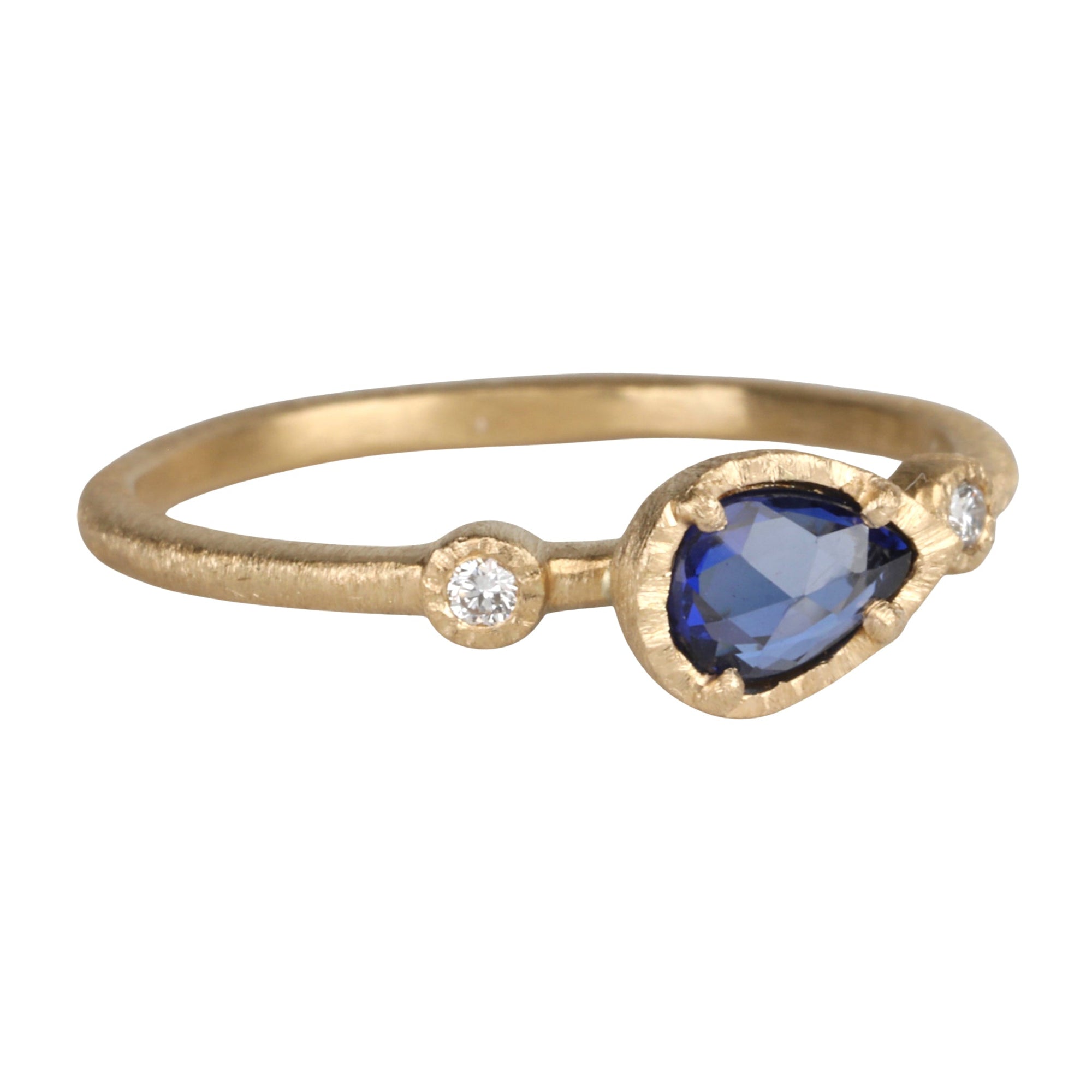 18K Gold East - West Pear - Shaped Sapphire Ring with Diamond Shoulder Details - Peridot Fine Jewelry - Yasuko Azuma