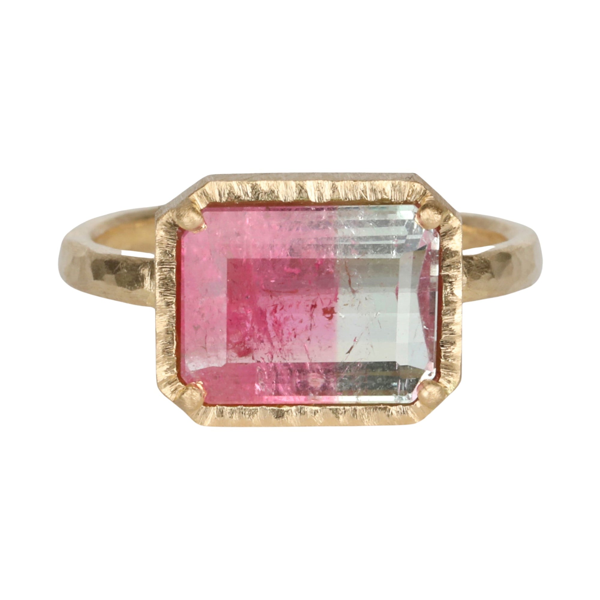 18K Gold Emerald Cut Watermelon Tourmaline Ring - Peridot Fine Jewelry - Yasuko Azuma