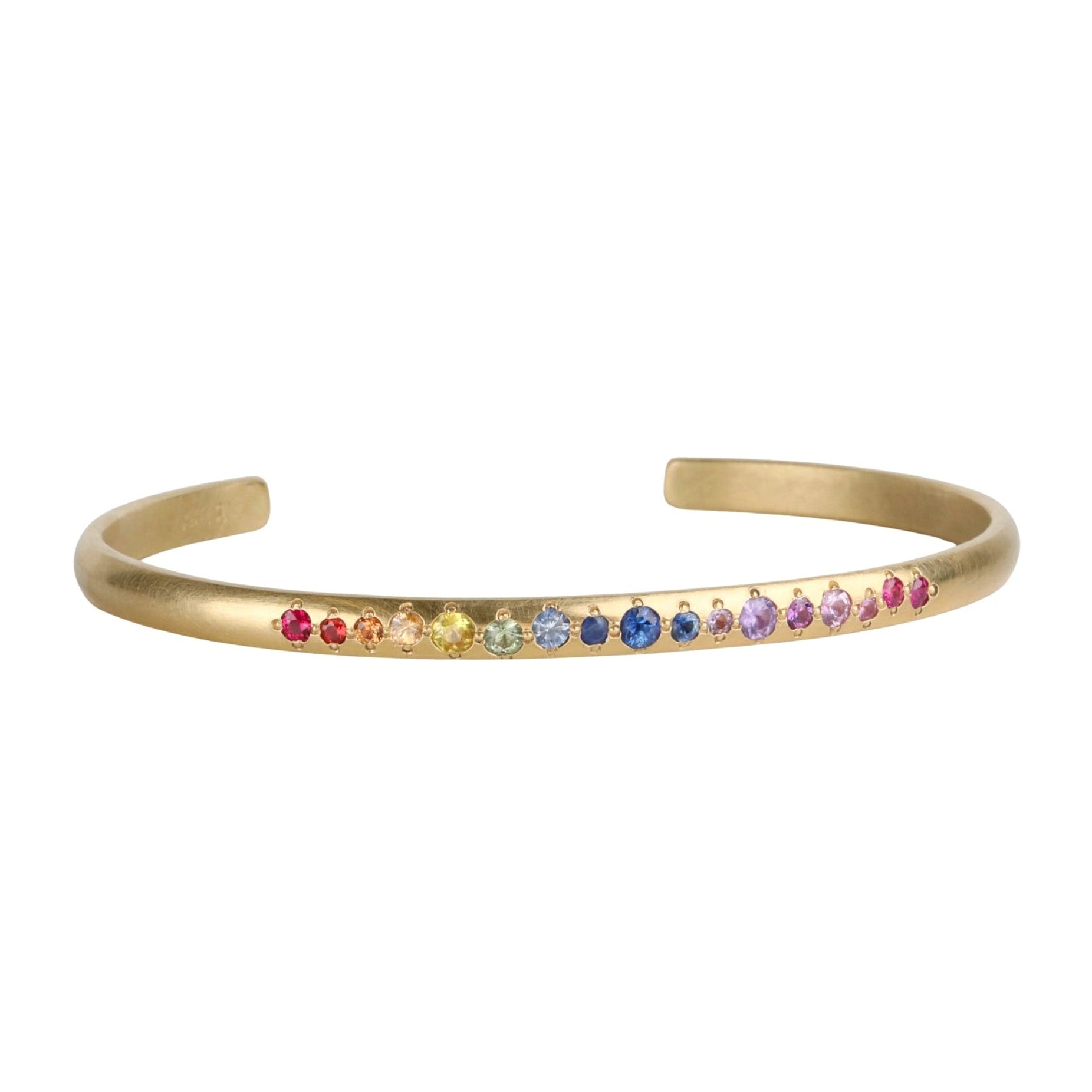 18K Gold Half Round Cuff Bracelet with Bead - Set Multi - Colored Sapphires - Peridot Fine Jewelry - Annie Fensterstock