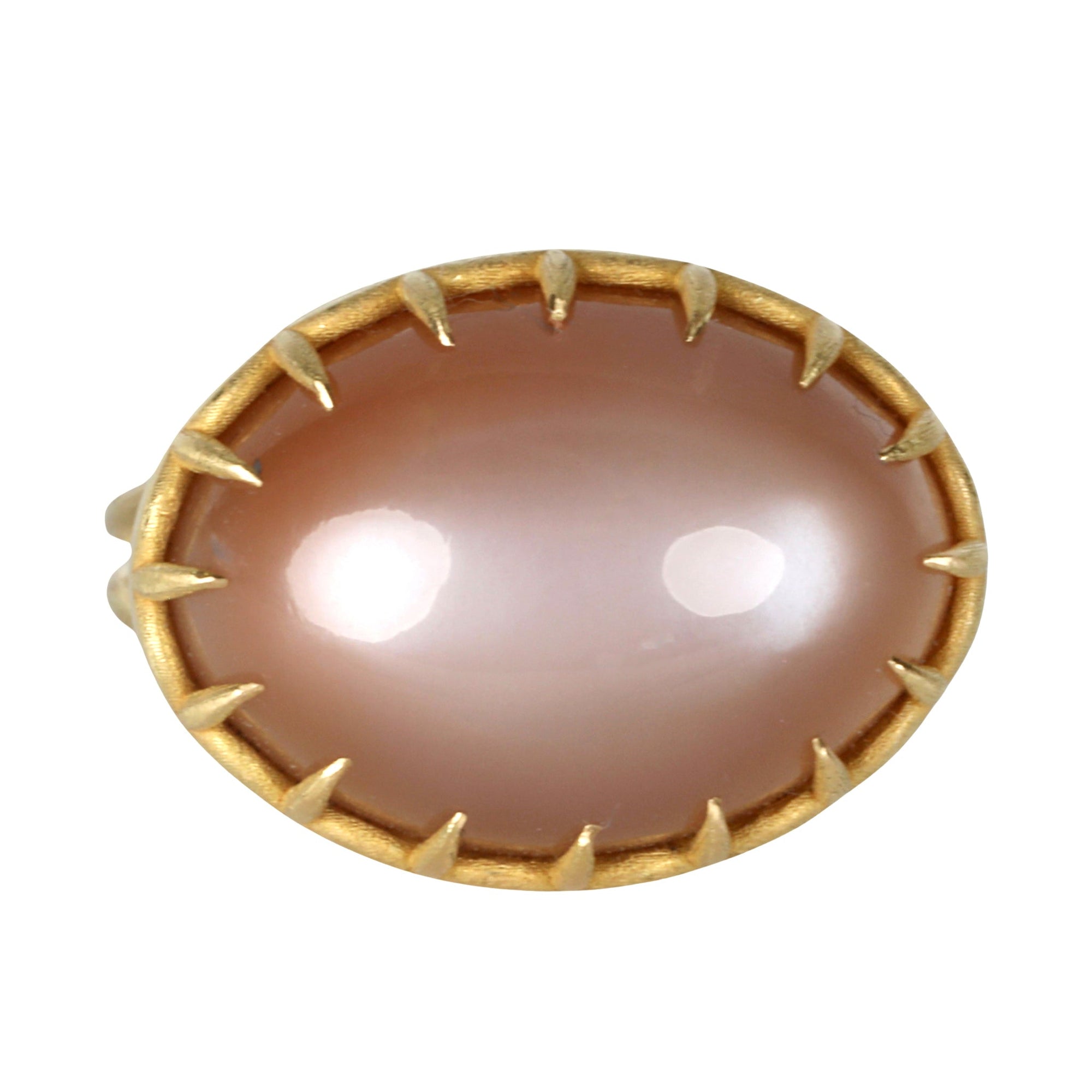 18K Gold Horizontal Oval Cabochon Chocolate Moonstone &quot;Scallop Bezel&quot; Ring - Peridot Fine Jewelry - Rosanne Pugliese