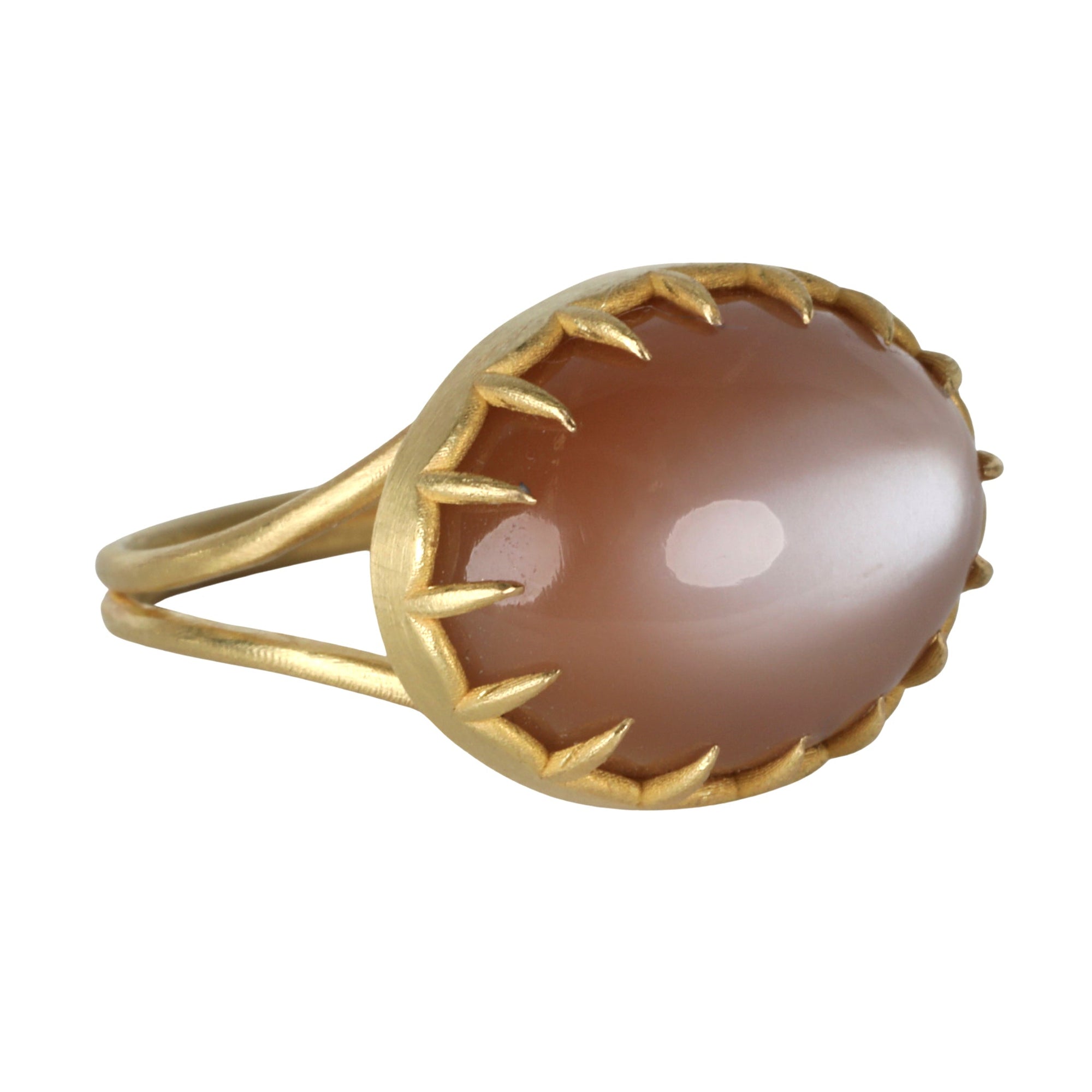 18K Gold Horizontal Oval Cabochon Chocolate Moonstone &quot;Scallop Bezel&quot; Ring - Peridot Fine Jewelry - Rosanne Pugliese