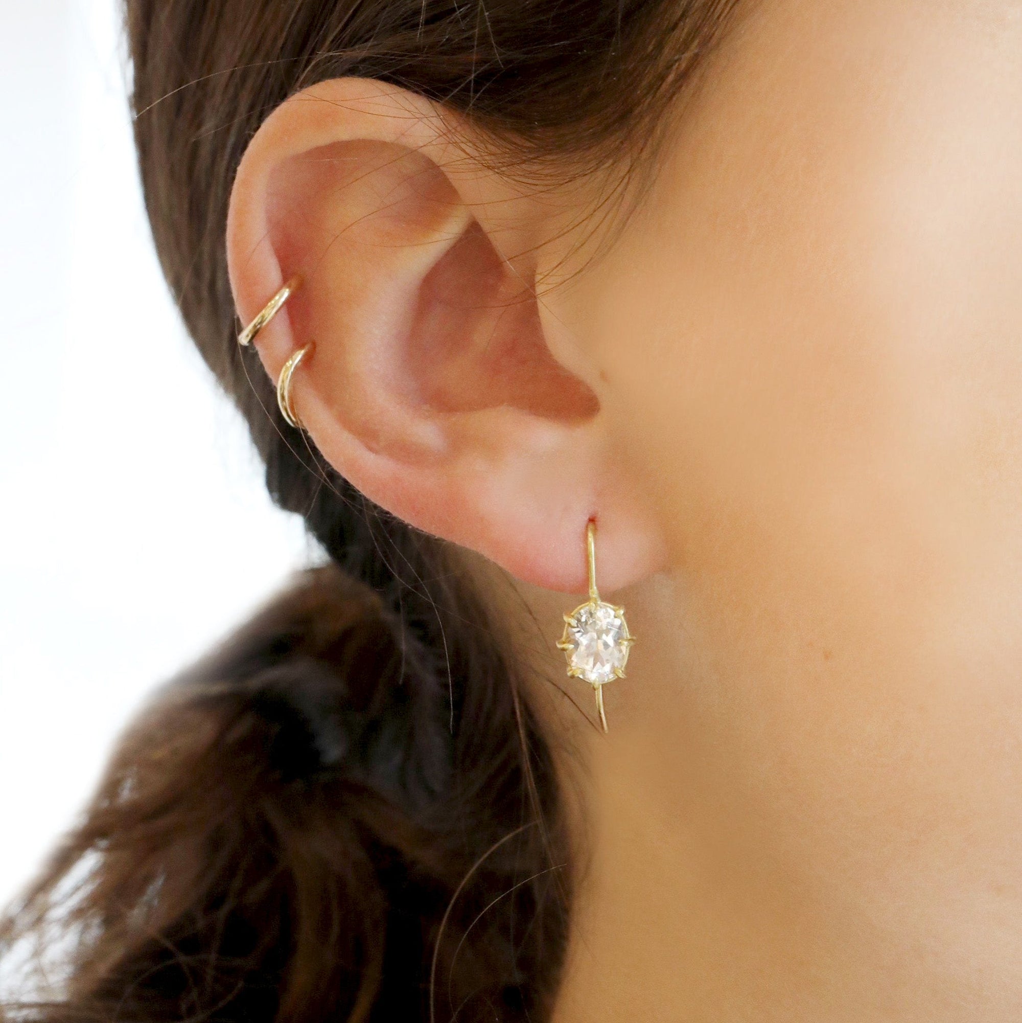 18K Gold Mini Vertical Oval Prong-Set White Topaz Earrings - Peridot Fine Jewelry - Rosanne Pugliese