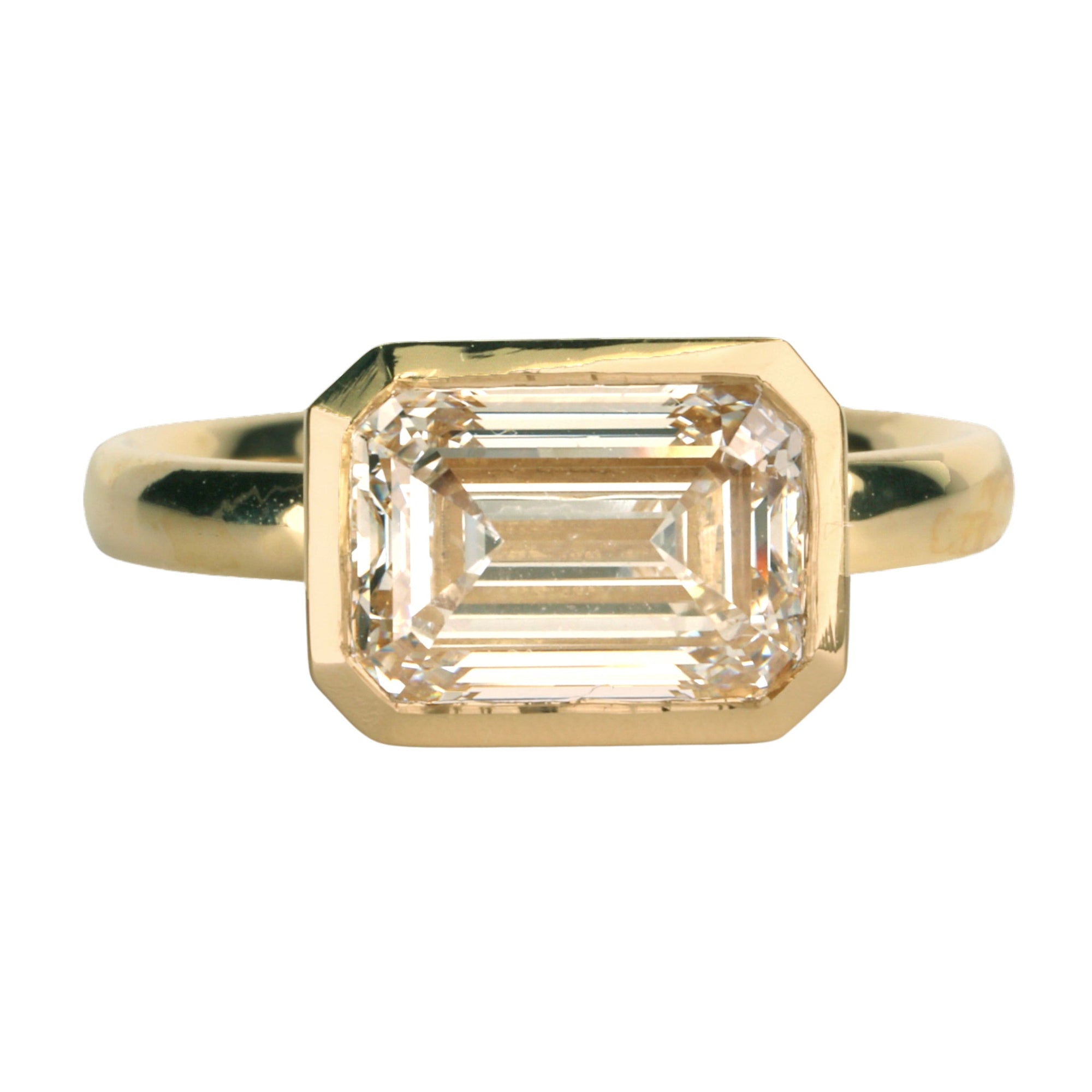 18K Gold &quot;Piper&quot; Ring with East - West Bezel - Set Lab Grown Emerald - Cut Diamond - Peridot Fine Jewelry - Anne Sportun