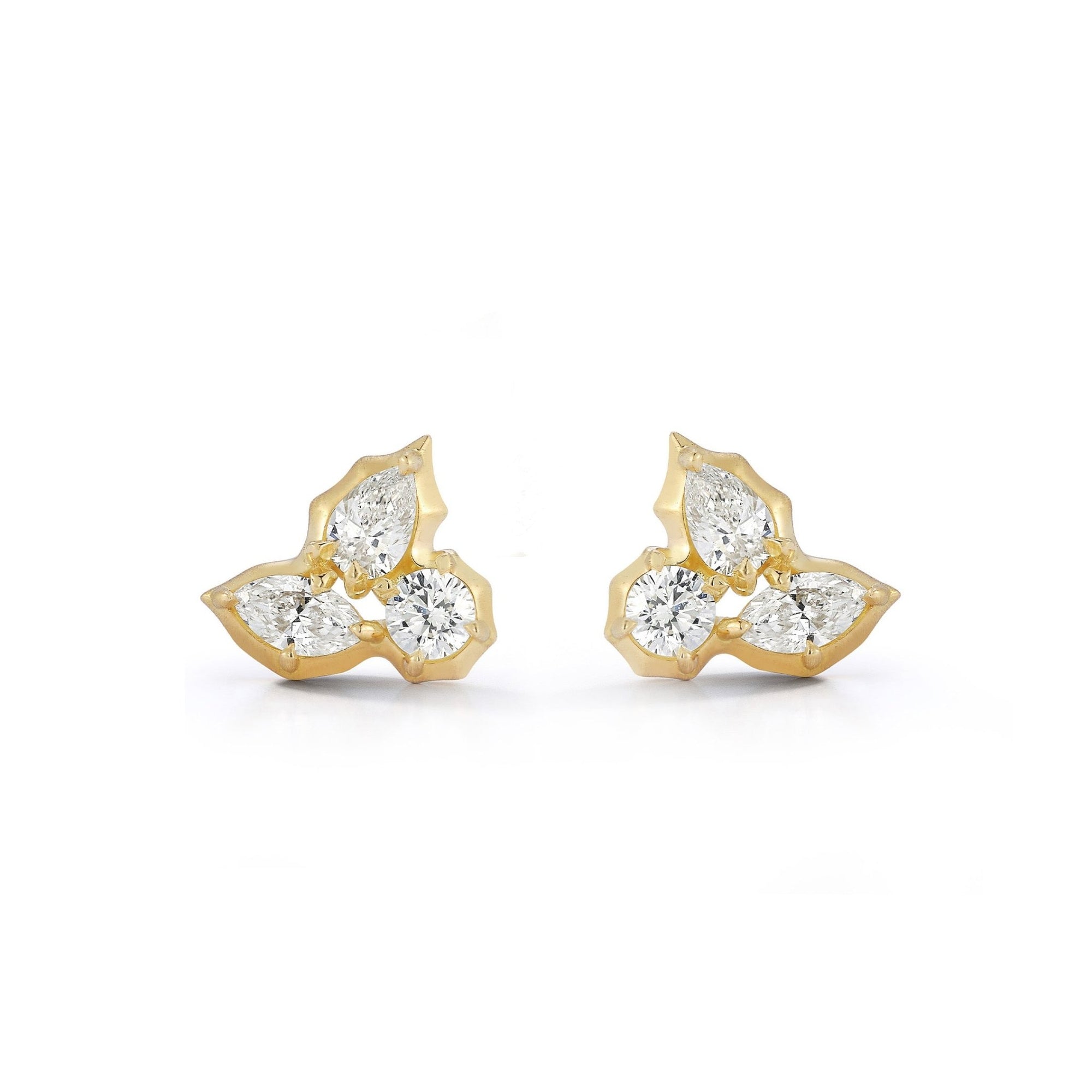 18K Gold &quot;Posey&quot; Three Diamond Cluster Stud Earrings - Peridot Fine Jewelry - Jade Trau
