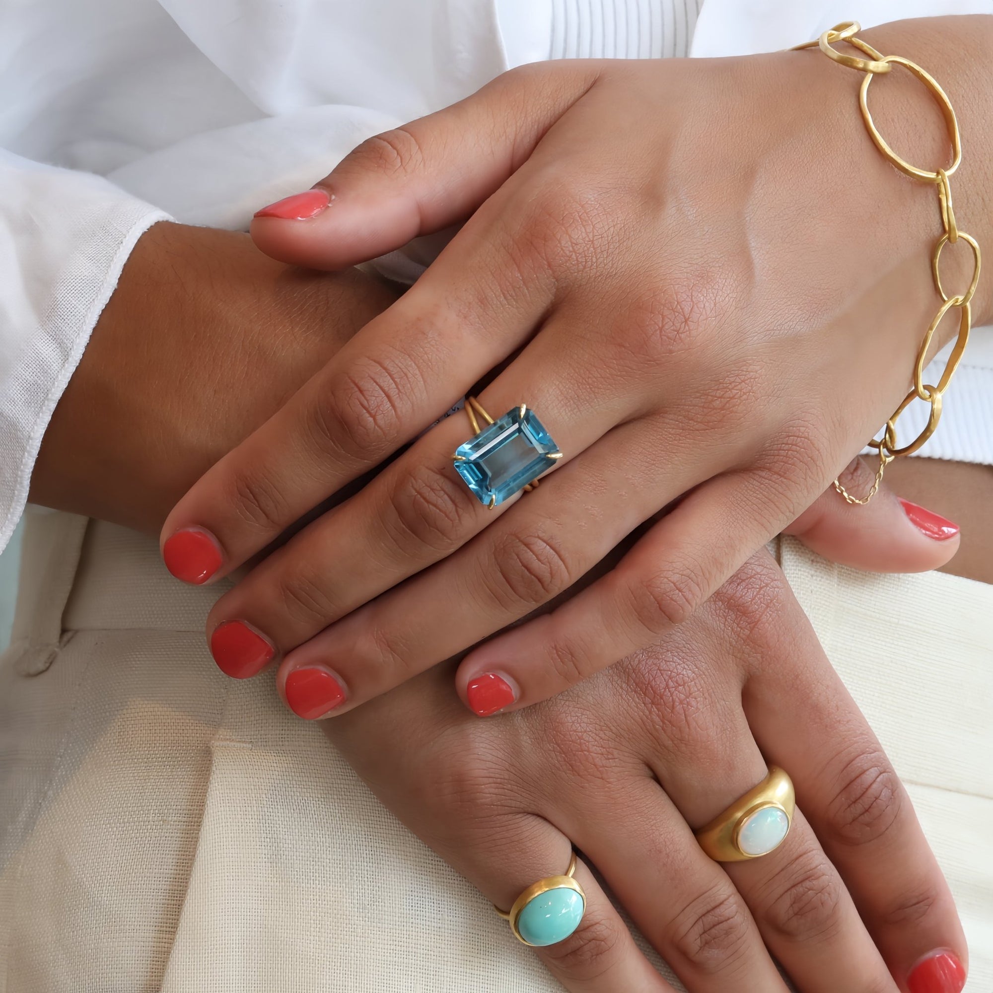 18K Gold Prong-Set Emerald-Cut London Blue Topaz Ring - Peridot Fine Jewelry - Rosanne Pugliese