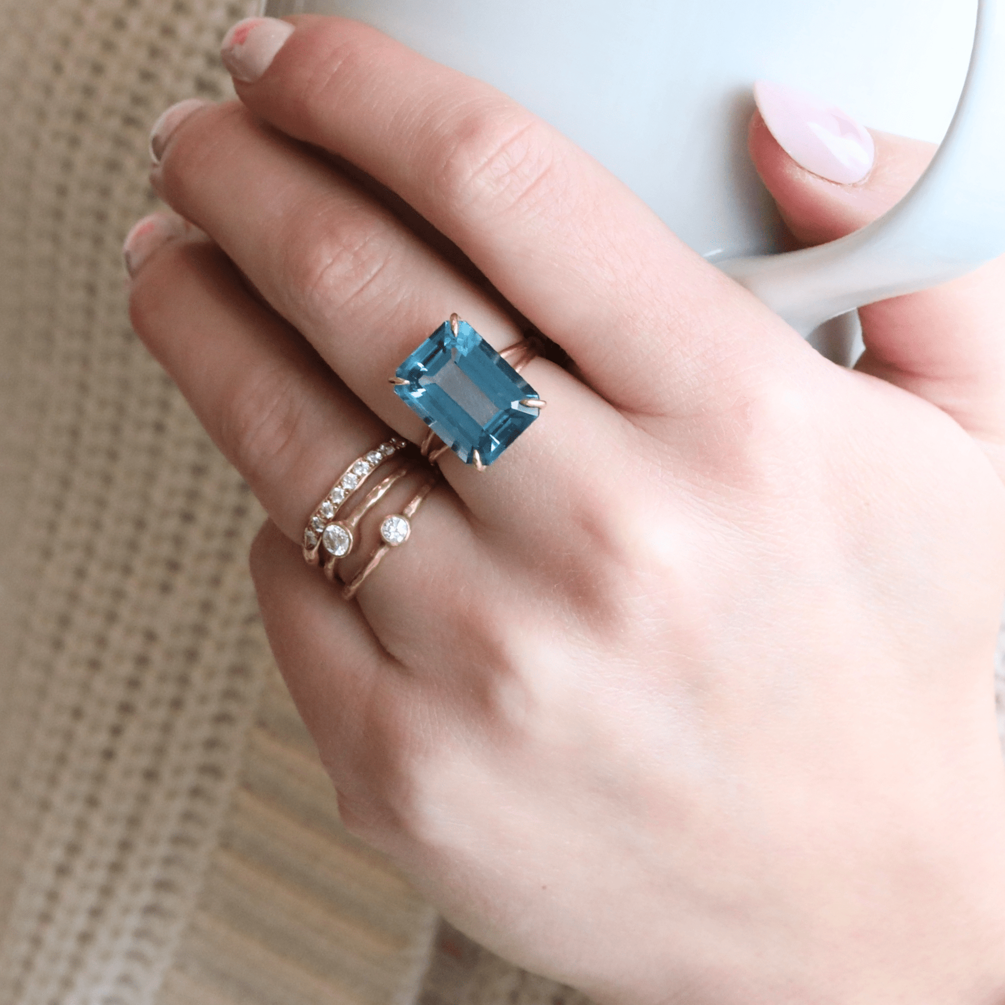 18K Gold Prong-Set Emerald-Cut London Blue Topaz Ring - Peridot Fine Jewelry - Rosanne Pugliese