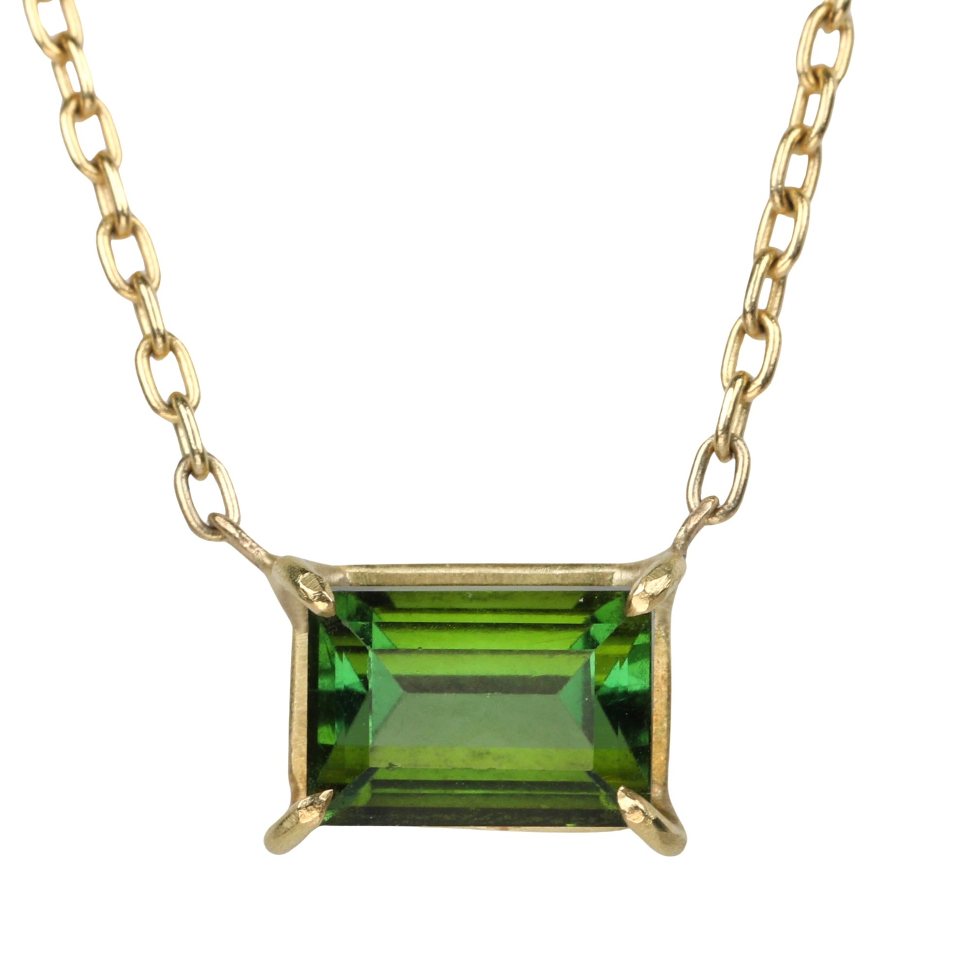 18K Gold Prong-Set Mini Emerald-Cut Green Tourmaline Necklace - Peridot Fine Jewelry - Rosanne Pugliese