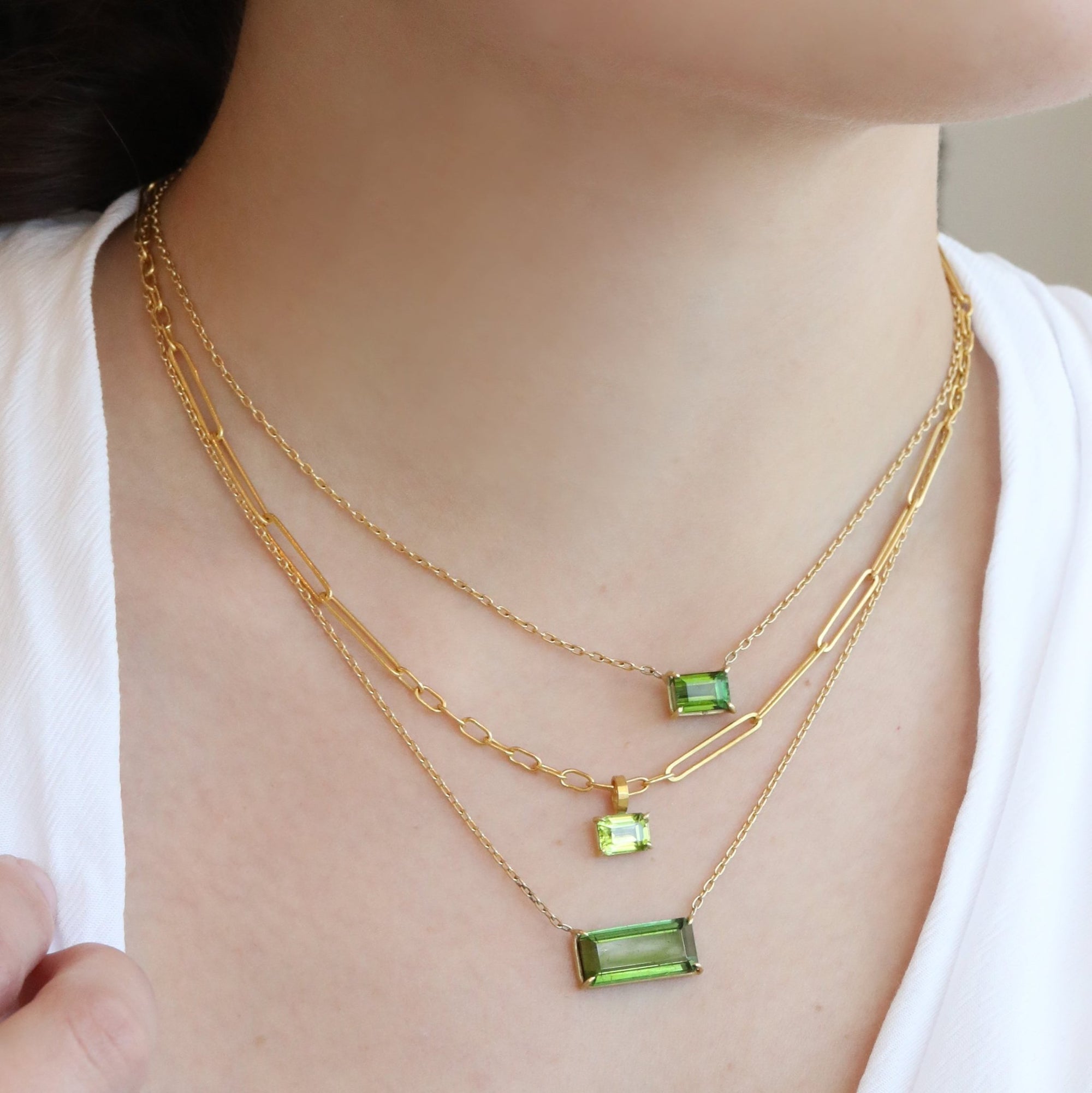 18K Gold Prong-Set Mini Emerald-Cut Green Tourmaline Necklace - Peridot Fine Jewelry - Rosanne Pugliese