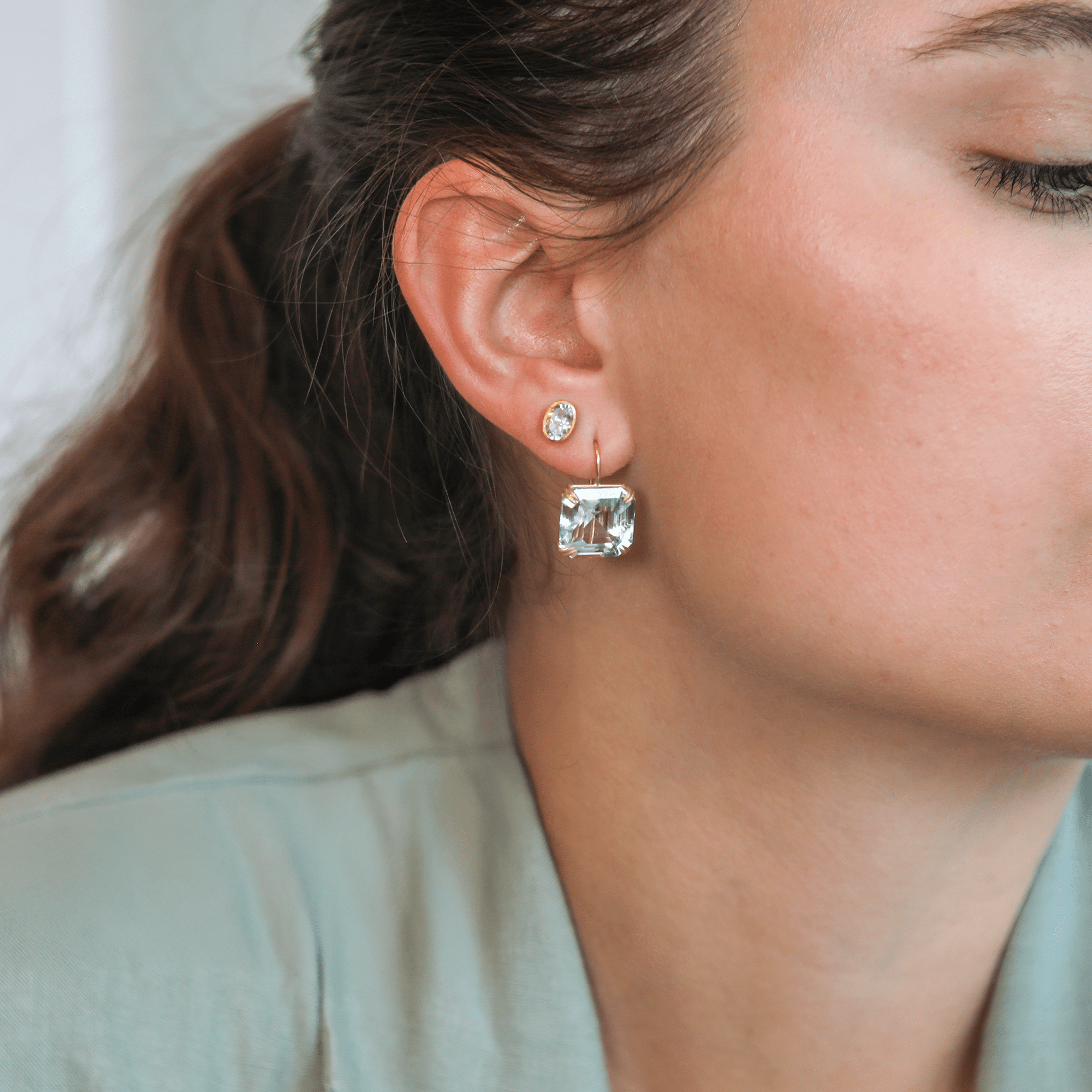 18K Gold Prong - Set Natural Blue Topaz Cube Earrings - Peridot Fine Jewelry - Rosanne Pugliese