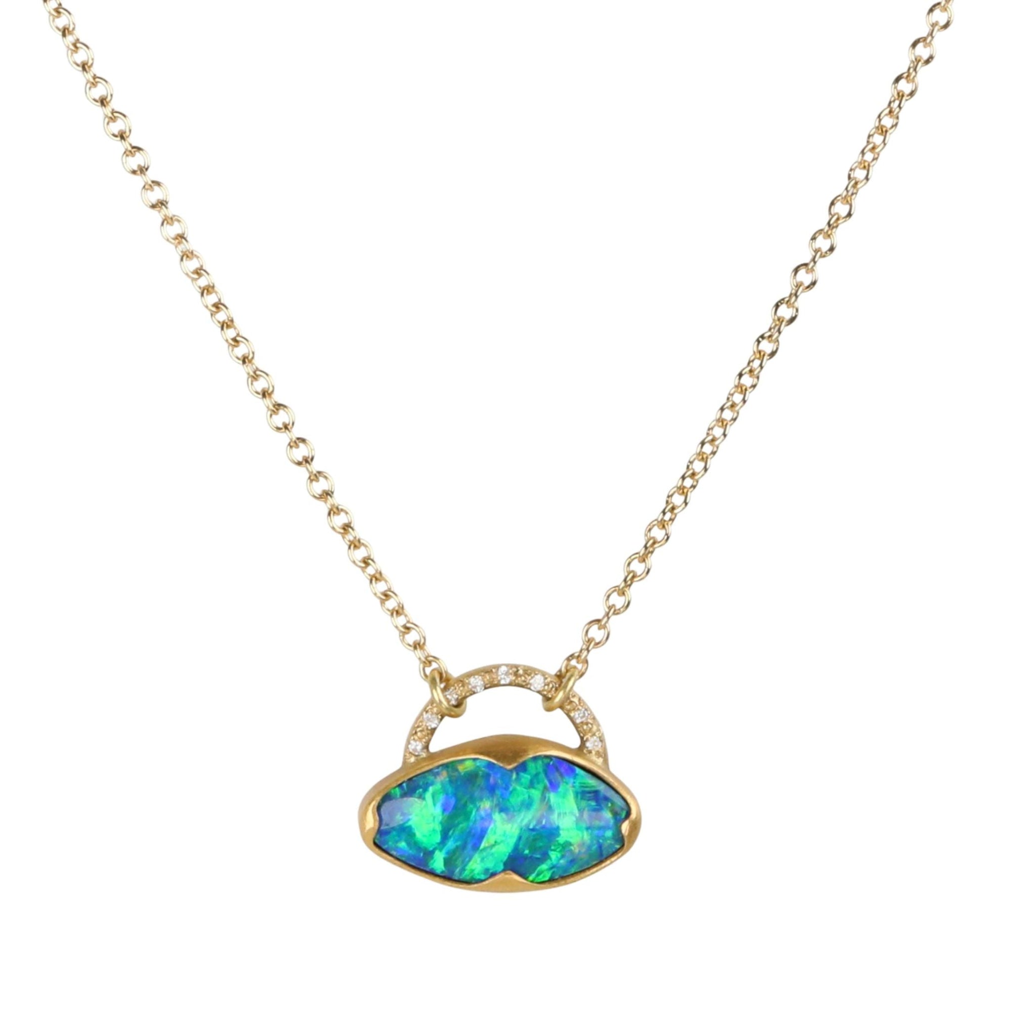 18K Gold "Purse" Necklace Featuring Opal Pendant with Diamond - Detailed Bale - Peridot Fine Jewelry - Annie Fensterstock