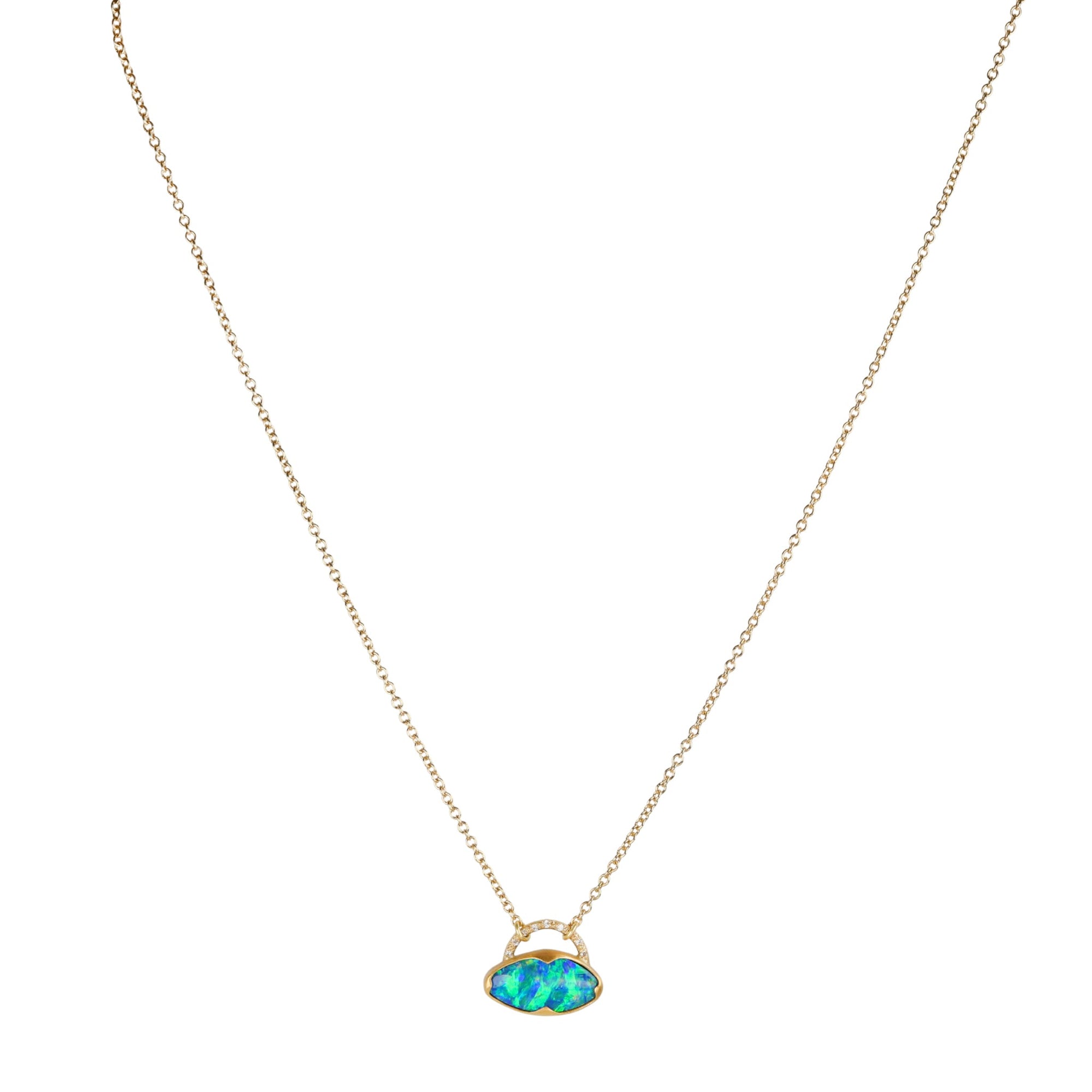 18K Gold "Purse" Necklace Featuring Opal Pendant with Diamond - Detailed Bale - Peridot Fine Jewelry - Annie Fensterstock