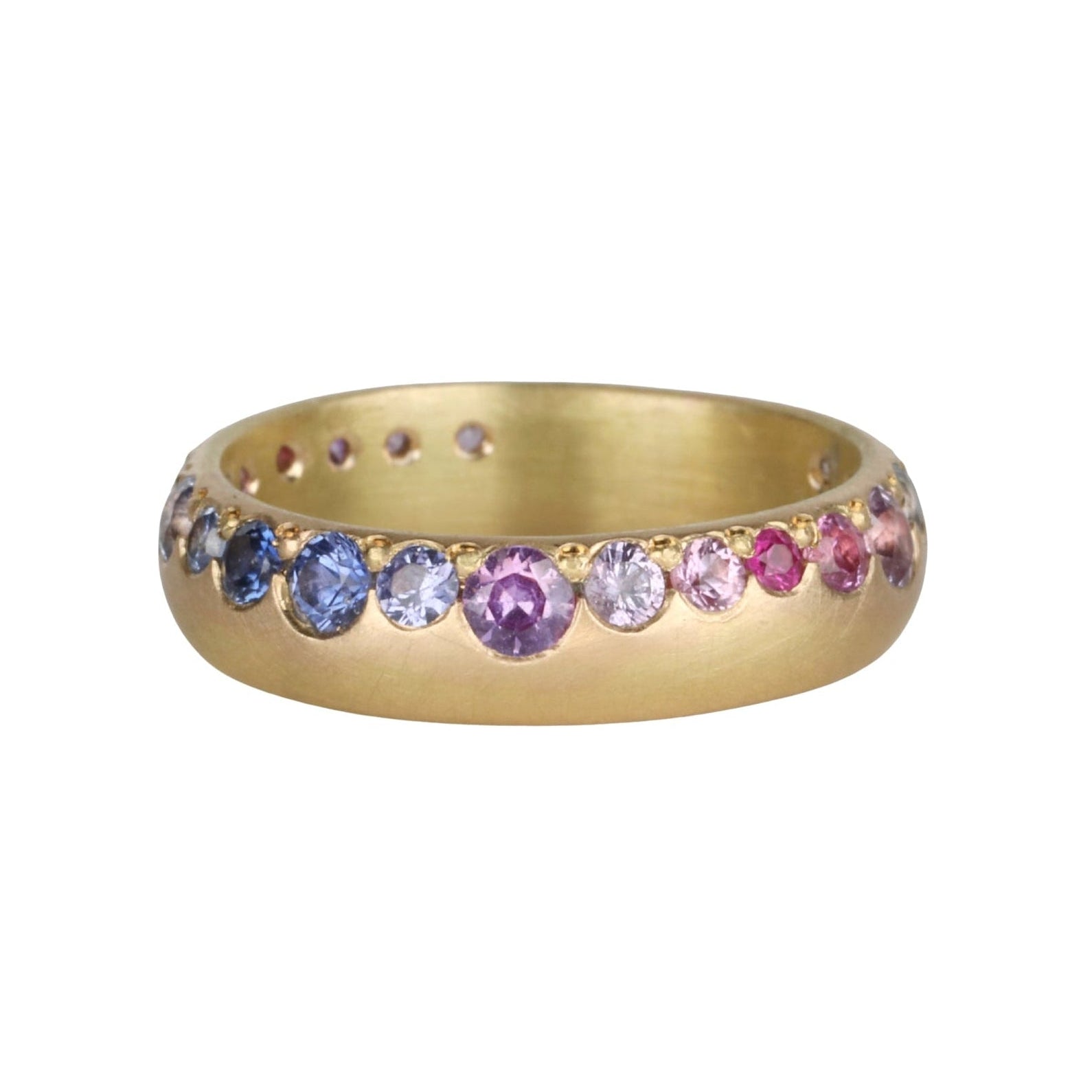 18K Gold Rounded Band with a Row of Varying - Sized Ombre Pink, Purple &amp; Blue Sapphires - Peridot Fine Jewelry - Annie Fensterstock