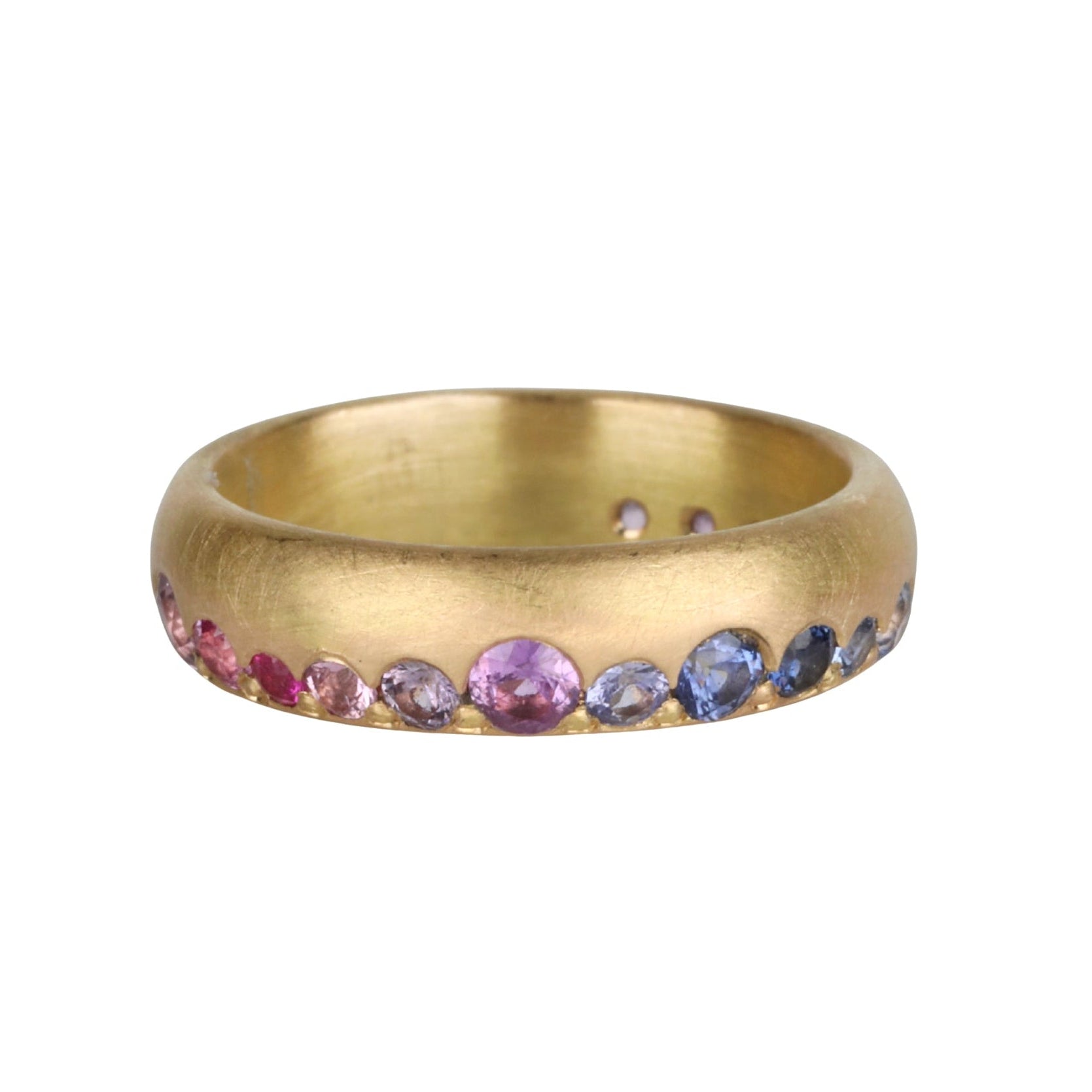 18K Gold Rounded Band with a Row of Varying - Sized Ombre Pink, Purple &amp; Blue Sapphires - Peridot Fine Jewelry - Annie Fensterstock