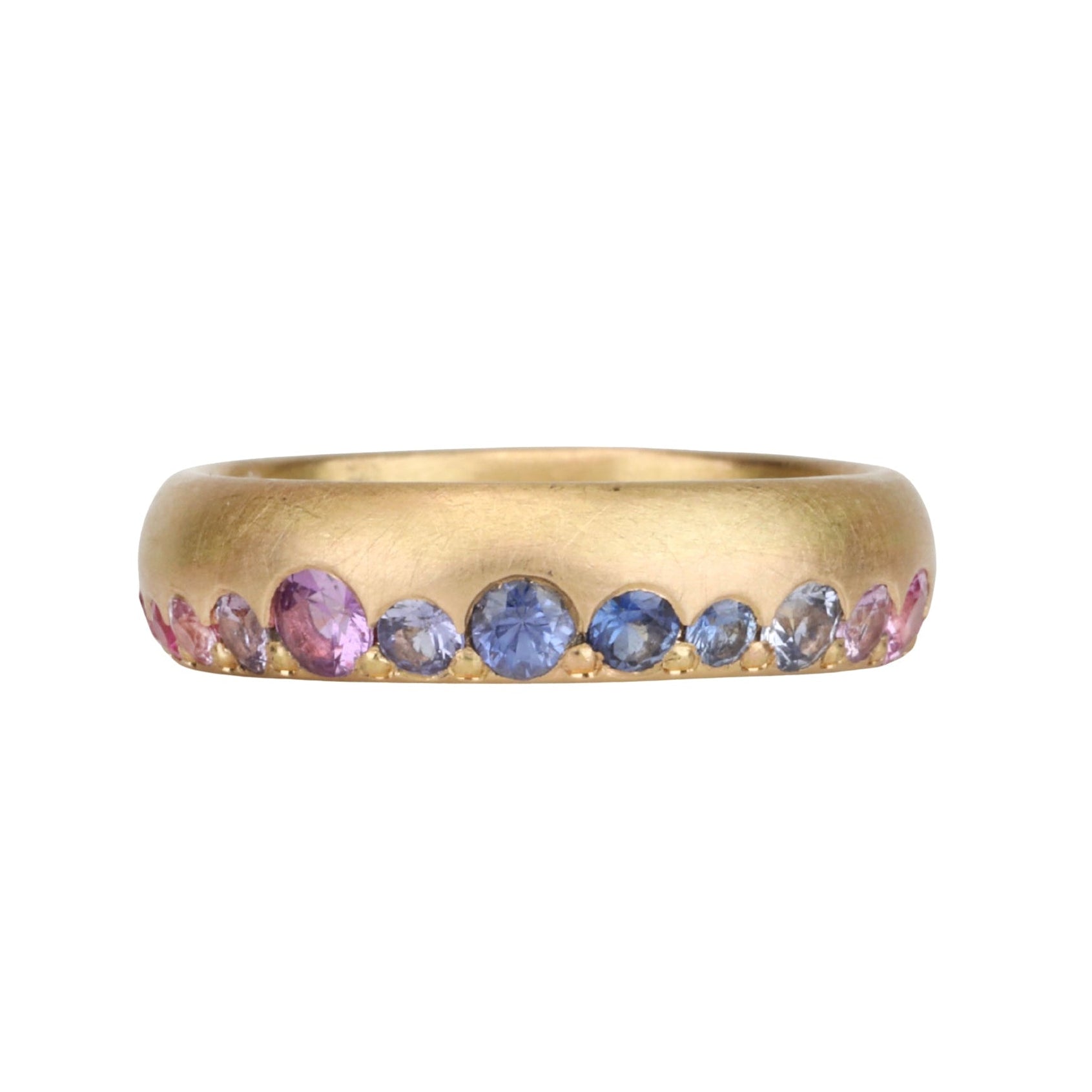 18K Gold Rounded Band with a Row of Varying - Sized Ombre Pink, Purple &amp; Blue Sapphires - Peridot Fine Jewelry - Annie Fensterstock