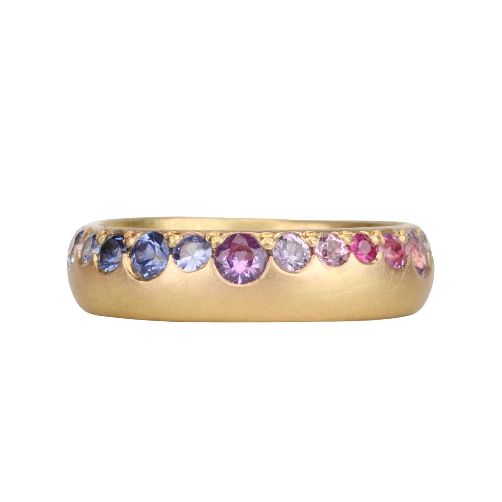 18K Gold Rounded Band with a Row of Varying - Sized Ombre Pink, Purple &amp; Blue Sapphires - Peridot Fine Jewelry - Annie Fensterstock