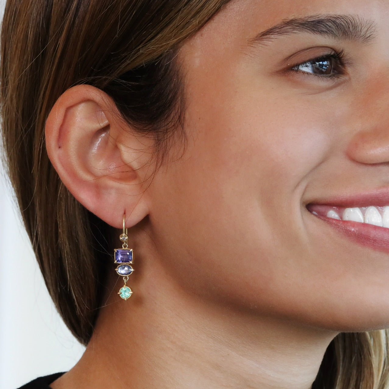 18K Gold Triple Drop Earrings with Tanzanites, Blue Sapphires, and Emeralds - Peridot Fine Jewelry - Annie Fensterstock