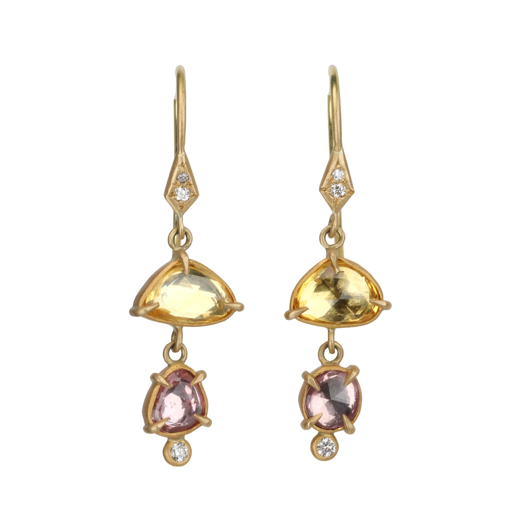 18K Gold & Yellow and Pink Sapphire Double Drop Earrings with Diamond Details - Peridot Fine Jewelry - Annie Fensterstock