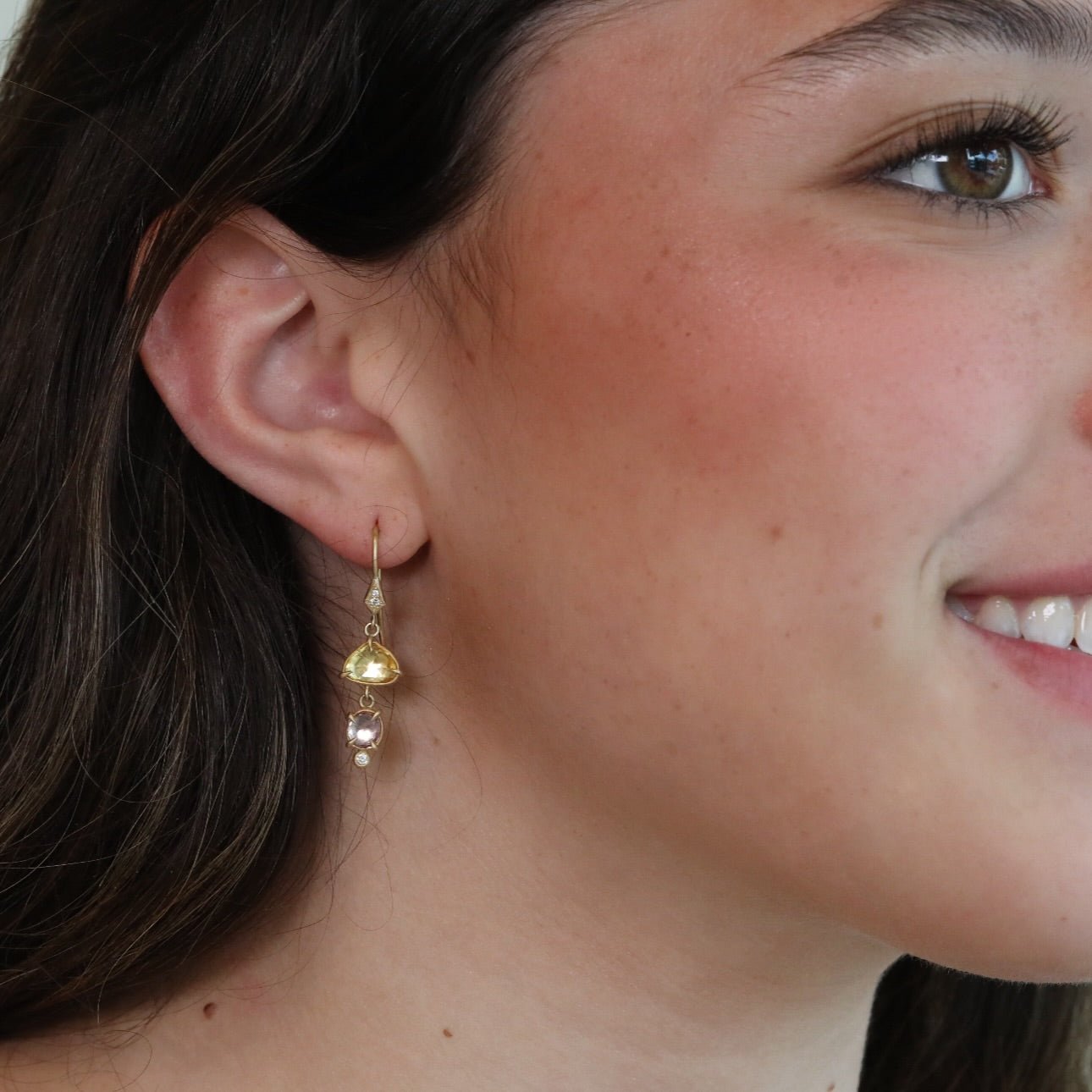 18K Gold & Yellow and Pink Sapphire Double Drop Earrings with Diamond Details - Peridot Fine Jewelry - Annie Fensterstock