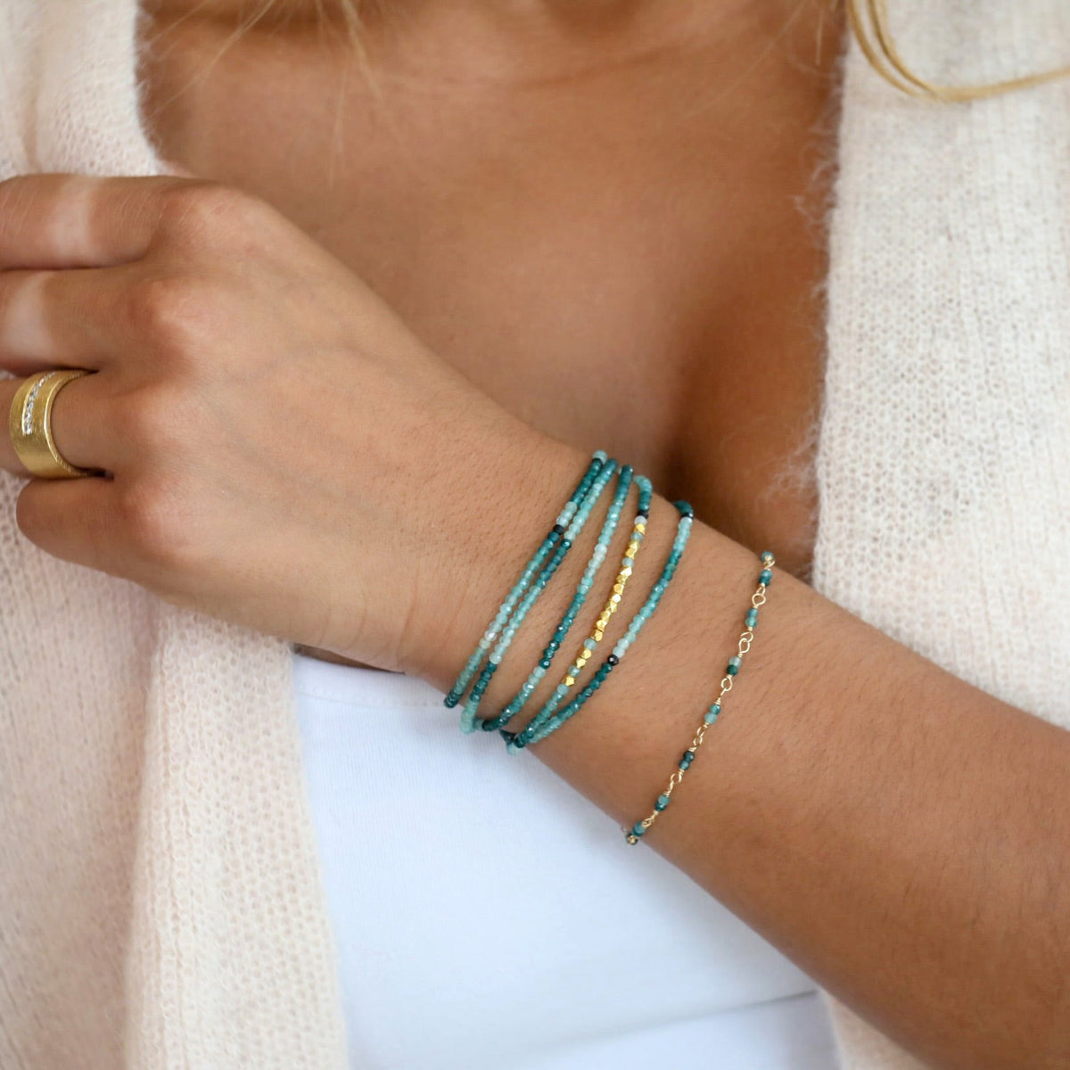 18K &amp; Grandidierite Beaded "Gold Burst" Wrap Bracelet - Peridot Fine Jewelry - Anne Sportun