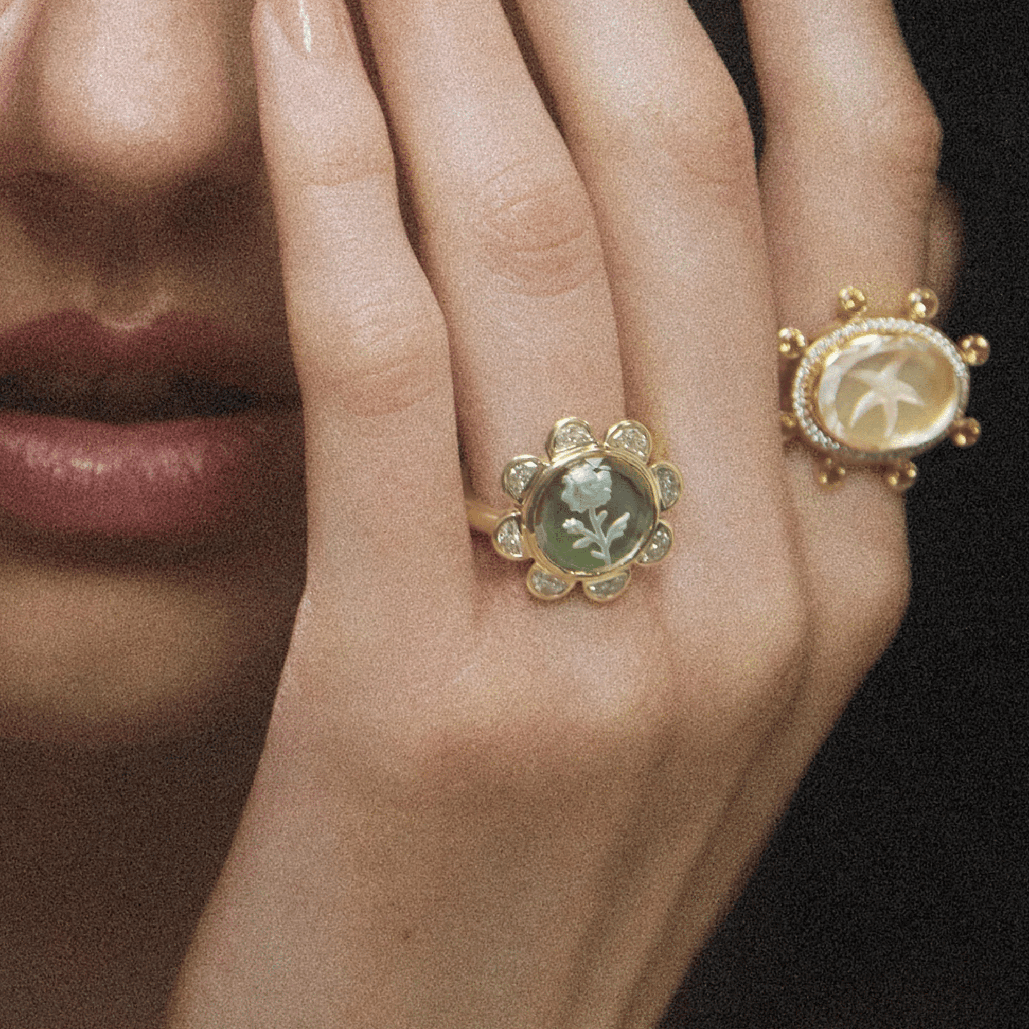 18K & Grey Mother of Pearl "Rosebud Caspian" Ring with Half-Moon Diamond Halo - Peridot Fine Jewelry - Renna