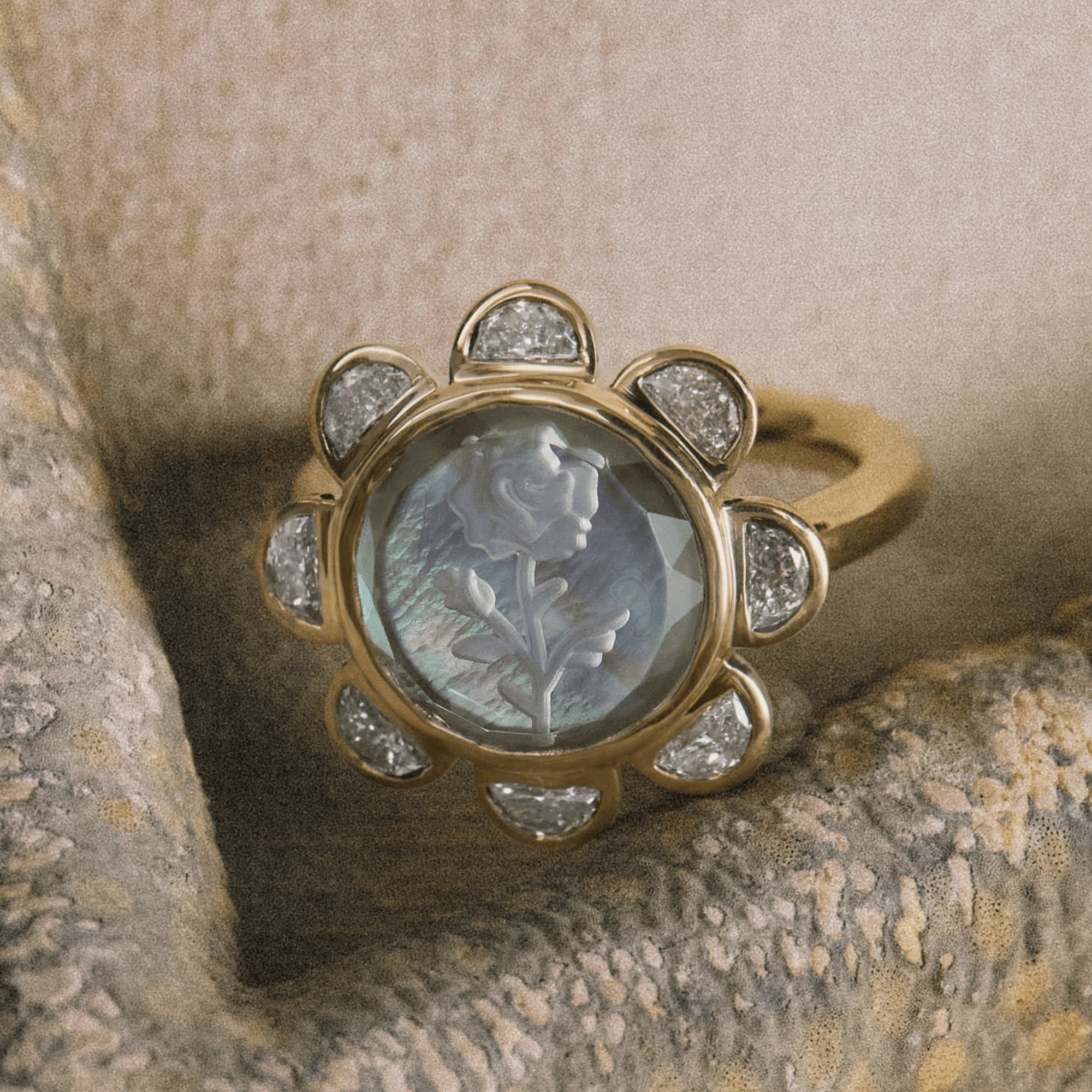 18K & Grey Mother of Pearl "Rosebud Caspian" Ring with Half-Moon Diamond Halo - Peridot Fine Jewelry - Renna