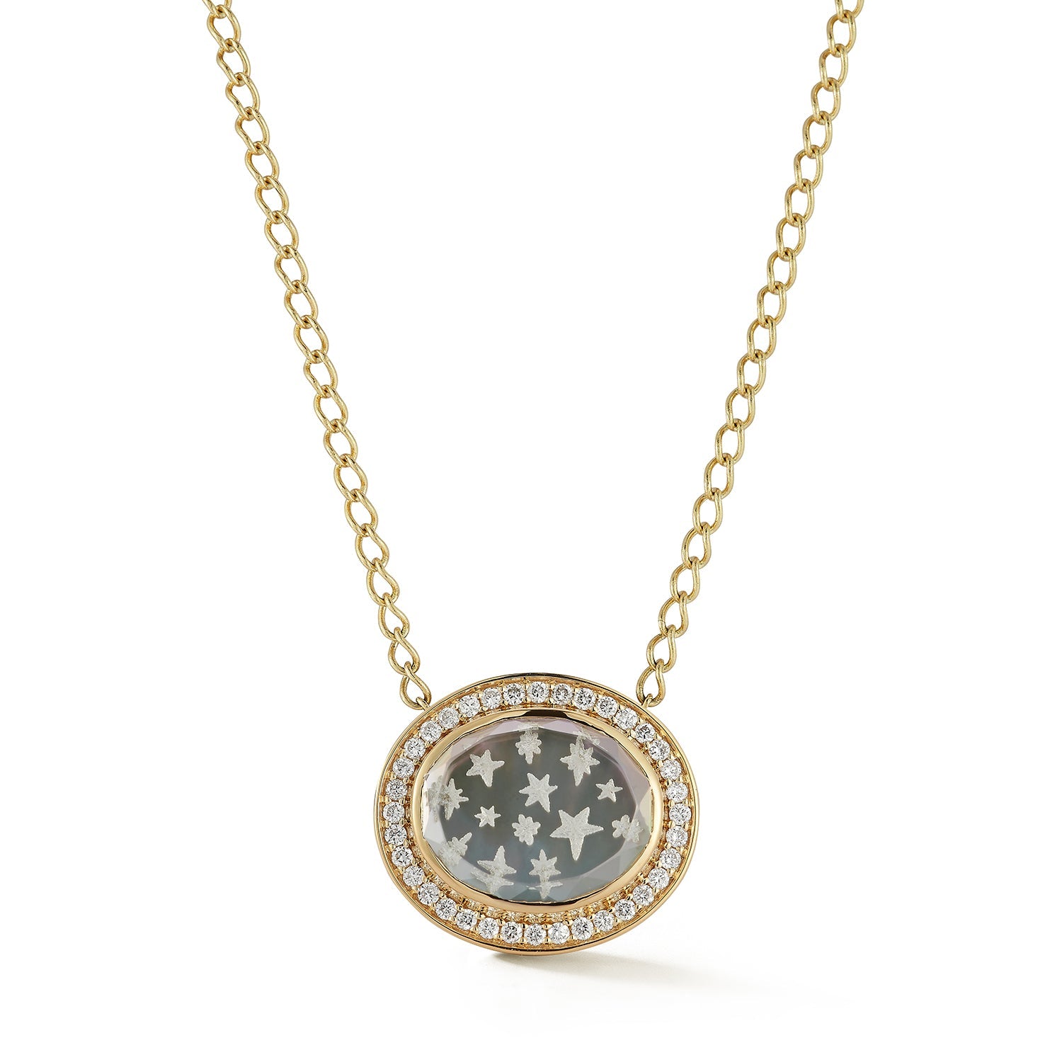 18K &amp; Grey Mother of Pearl "Star Caspian" Pendant Necklace with Pave Diamond Halo - Peridot Fine Jewelry - Renna