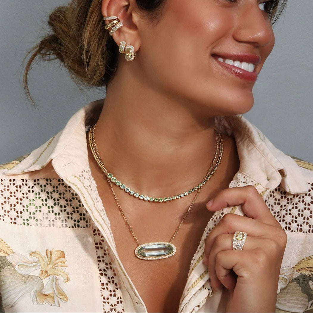 18K "Horizon" Necklace with Horizontal Elongated Oval Mint Green Beryl & Pave Diamond Halo - Peridot Fine Jewelry - Renna
