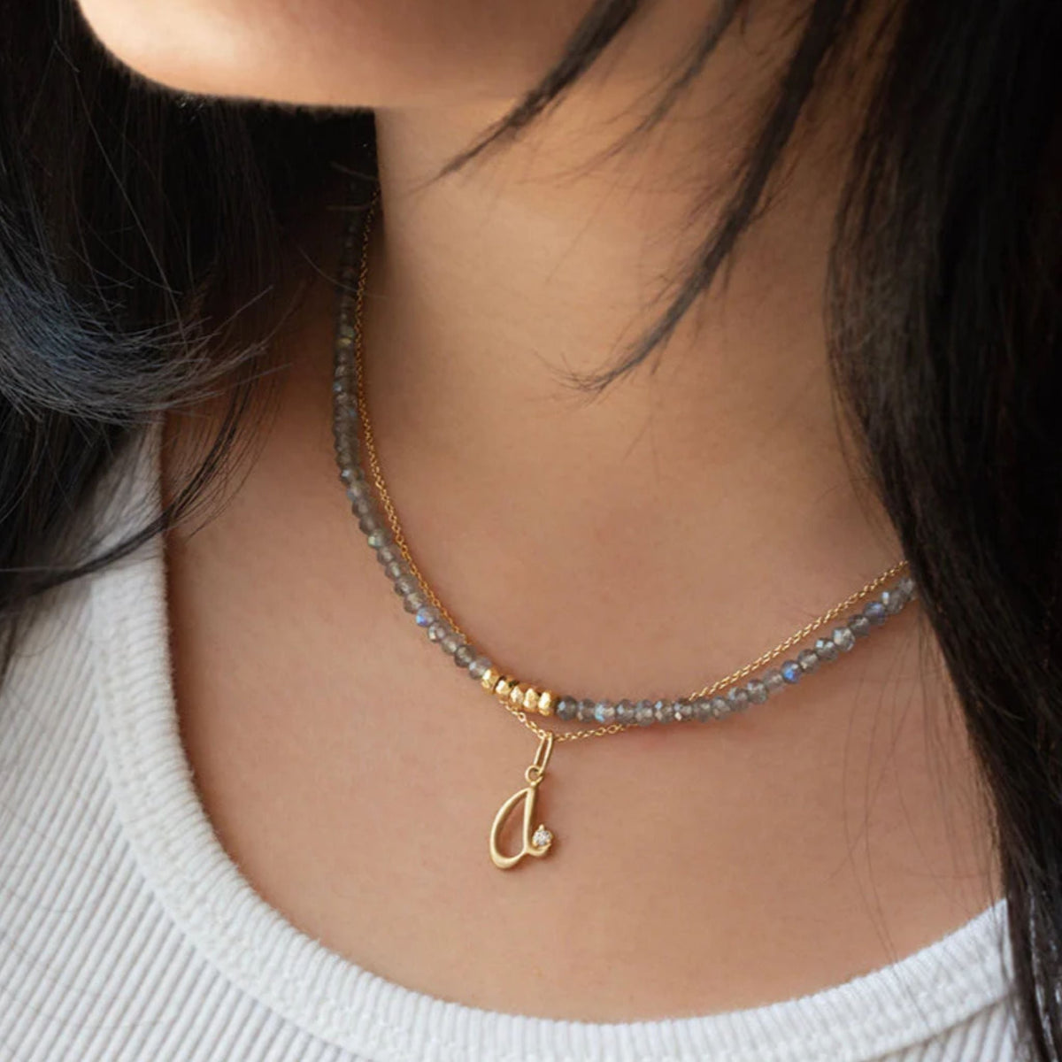 18K Initial Letter Charm with Diamond Detail - Peridot Fine Jewelry - Anne Sportun