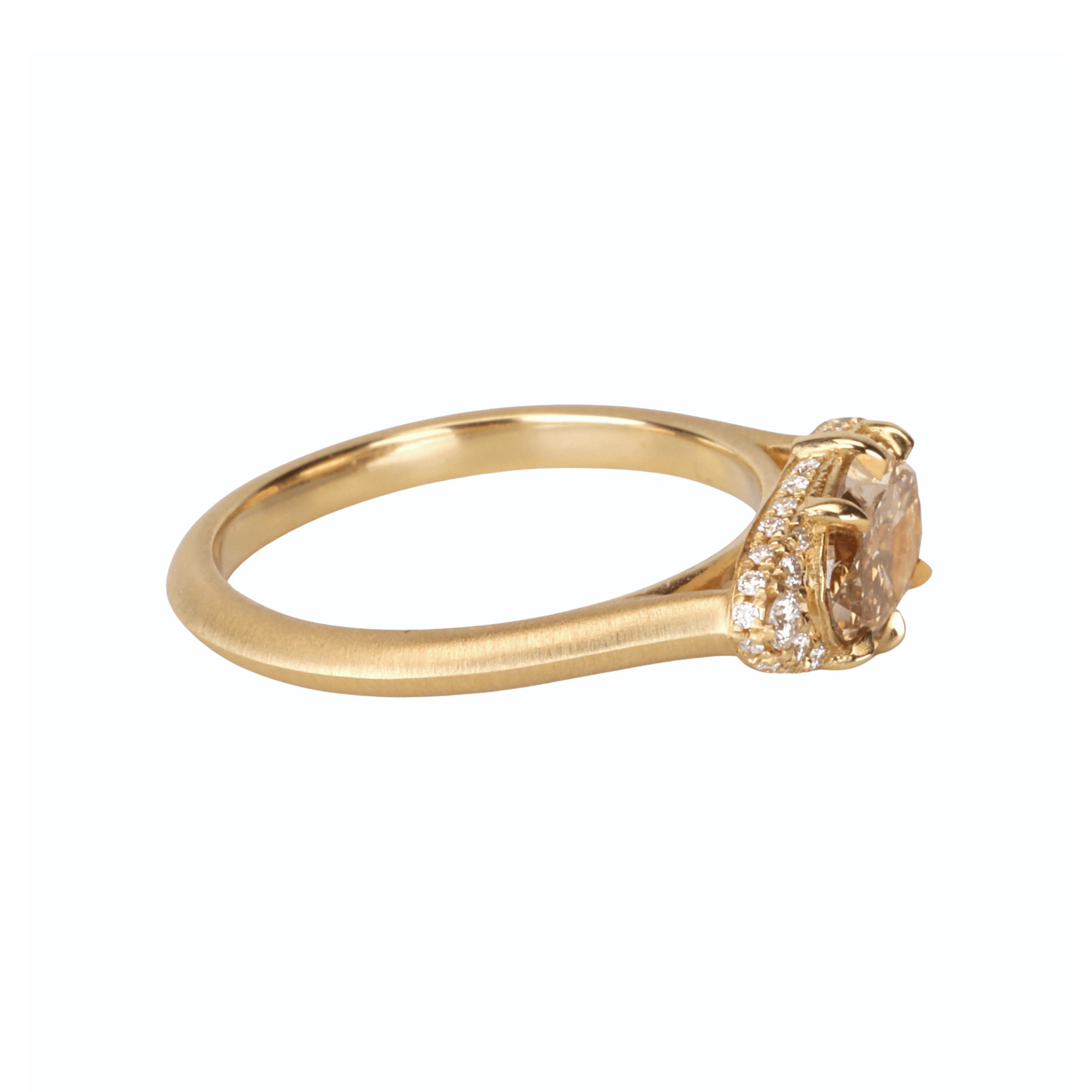 18K "Mariam" Ring with East-West Multi Prong-Set Oval Champagne Diamond with Pave Diamond Side &amp; Hidden Halo - Peridot Fine Jewelry - Jade Trau