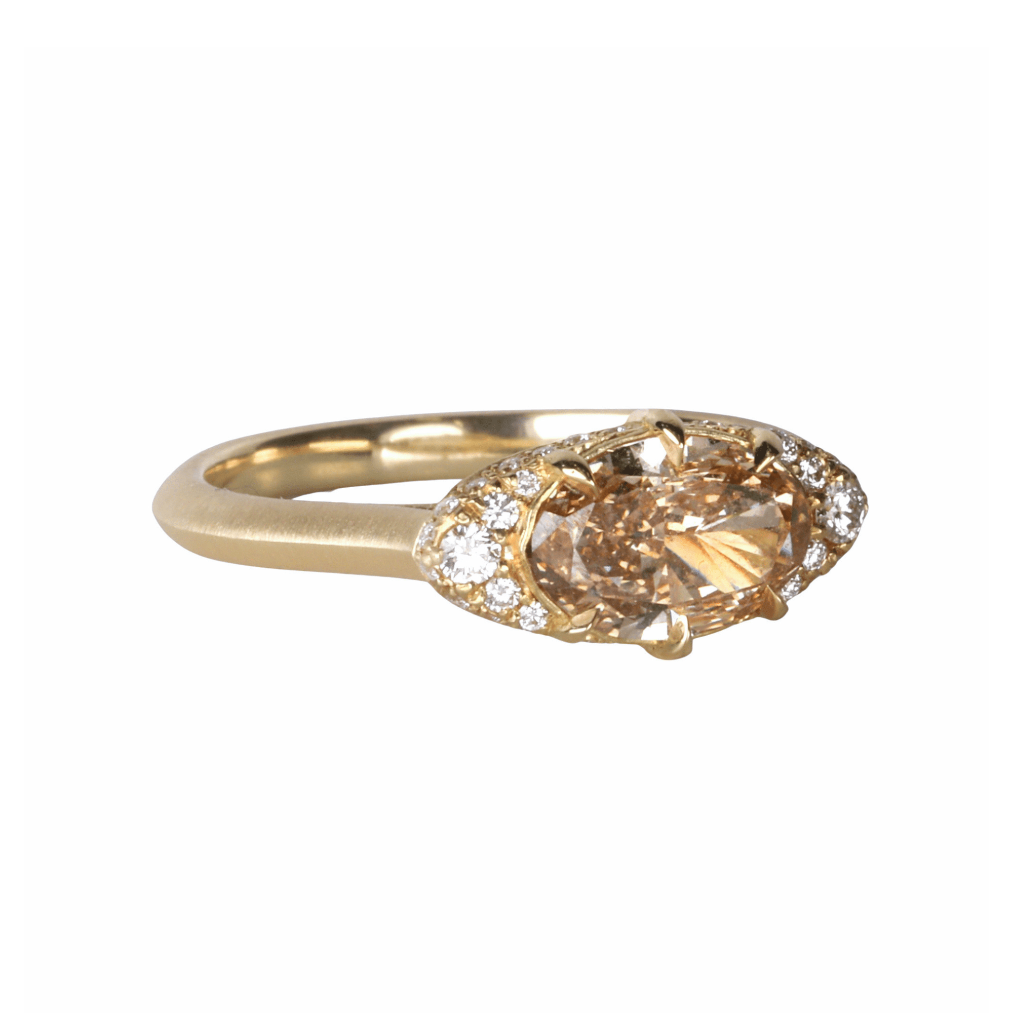 18K "Mariam" Ring with East-West Multi Prong-Set Oval Champagne Diamond with Pave Diamond Side &amp; Hidden Halo - Peridot Fine Jewelry - Jade Trau